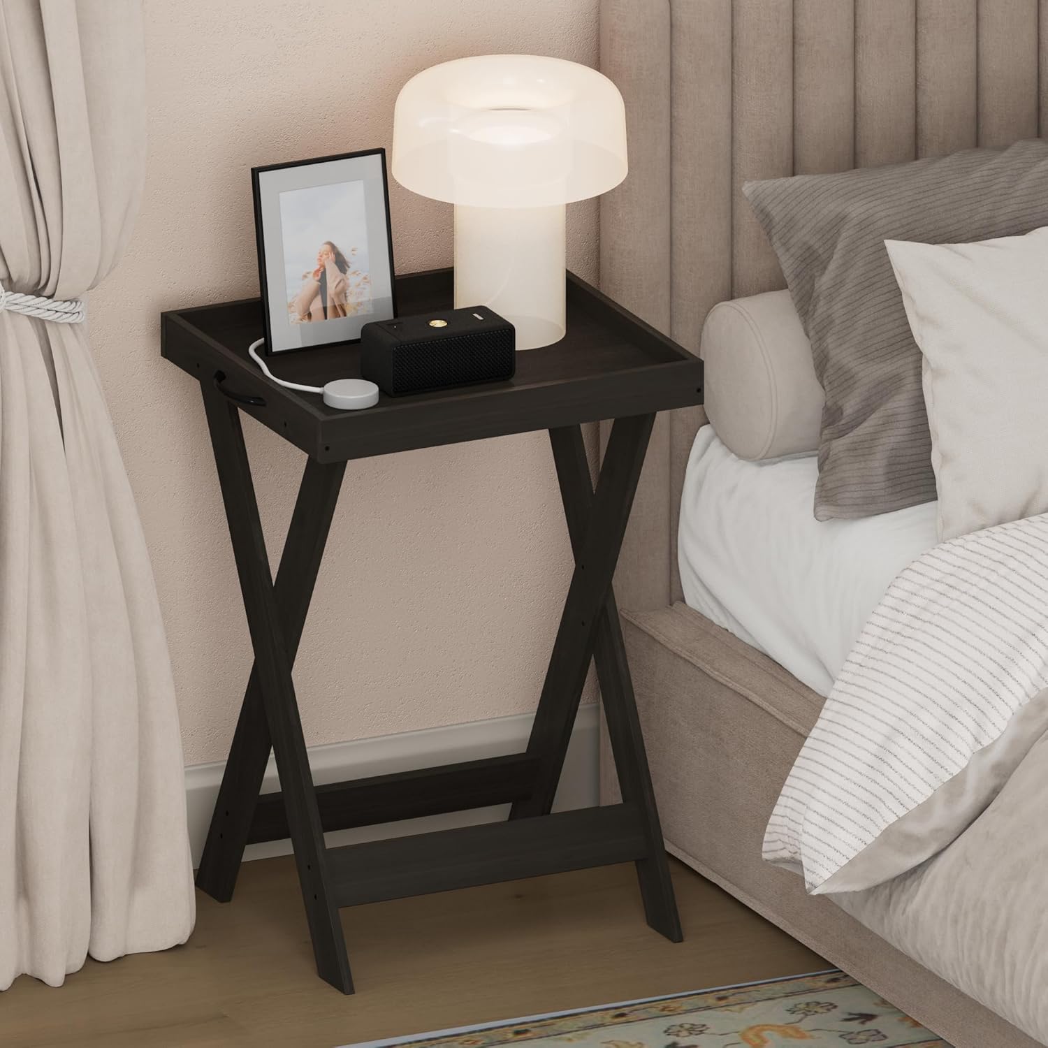 Furinno Classic Night Stand, Square Nightstand with X-Legs, Removable Tray Top End Table, Criss-Crossed Leg Side Table, Bedside Table, Tray Table, for Bedroom, Closet, Dorm, Espresso
