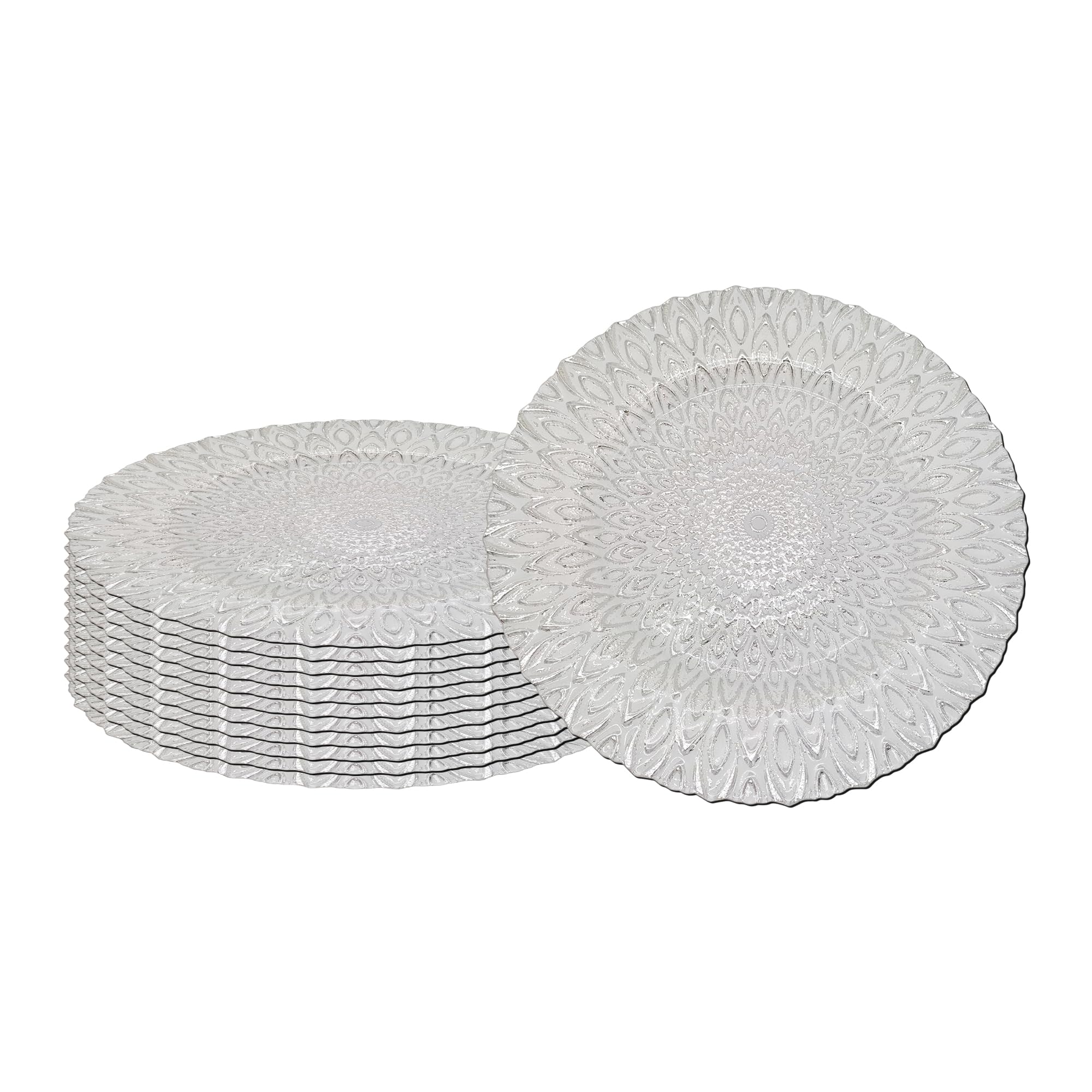 Trimming Shop Dekoracyjne talerze do ładowania na imprezy, szklane talerze do dekoracji stołu obiadowego, wesela, urodziny, imprezy, zastawy stołowej, imprezy gastronomiczne, 33 cm, srebrne, 12 szt