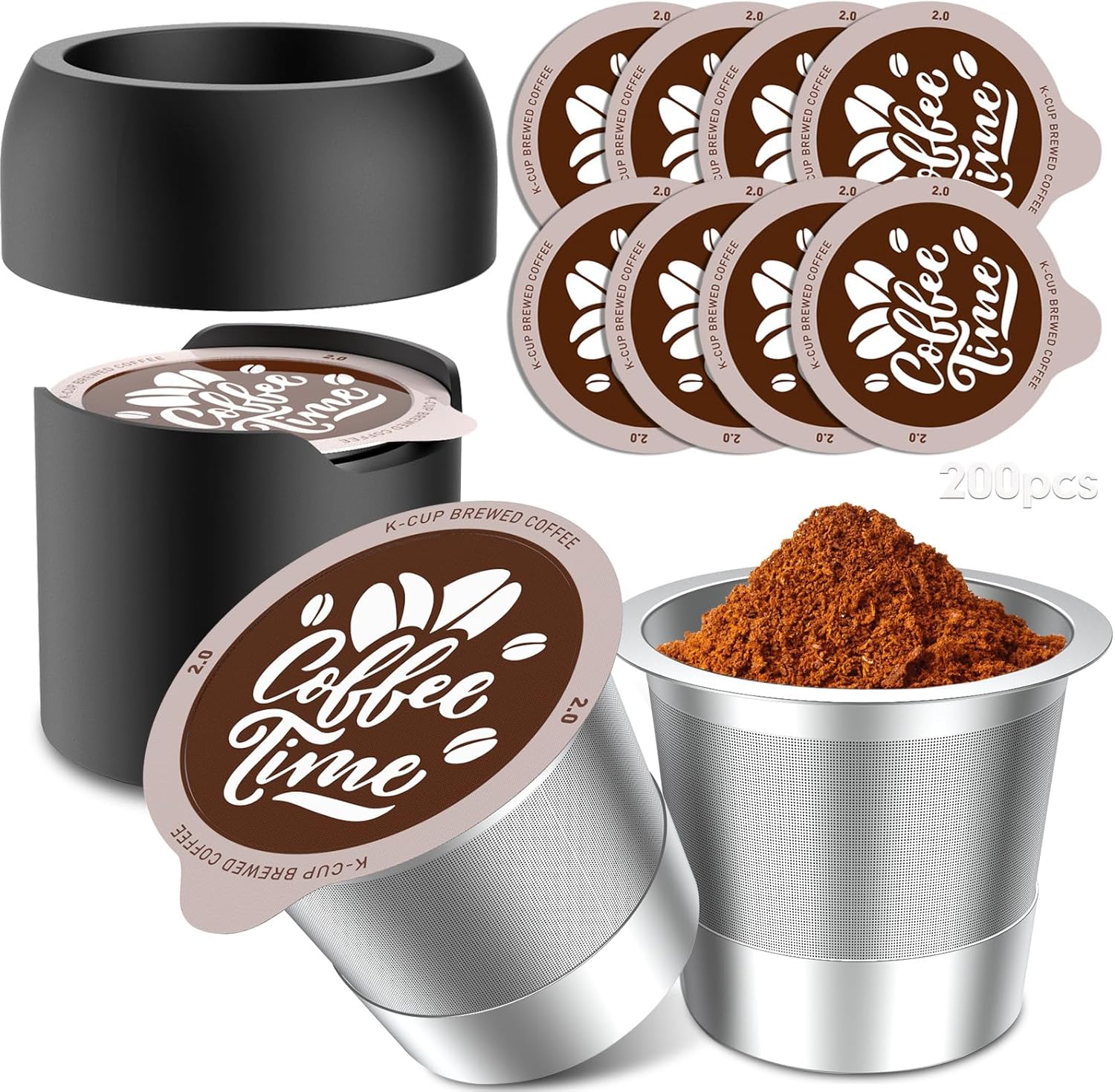 Reusable Pods Refill Kit, Reusable K Cups with 200 Pcs Aluminum Foil Seal Lids, 1 Holder, 2 stainless steel k cups,Universal stainless steel k Cups for Keurig 2.0 and 1.0 Coffee Makers machine