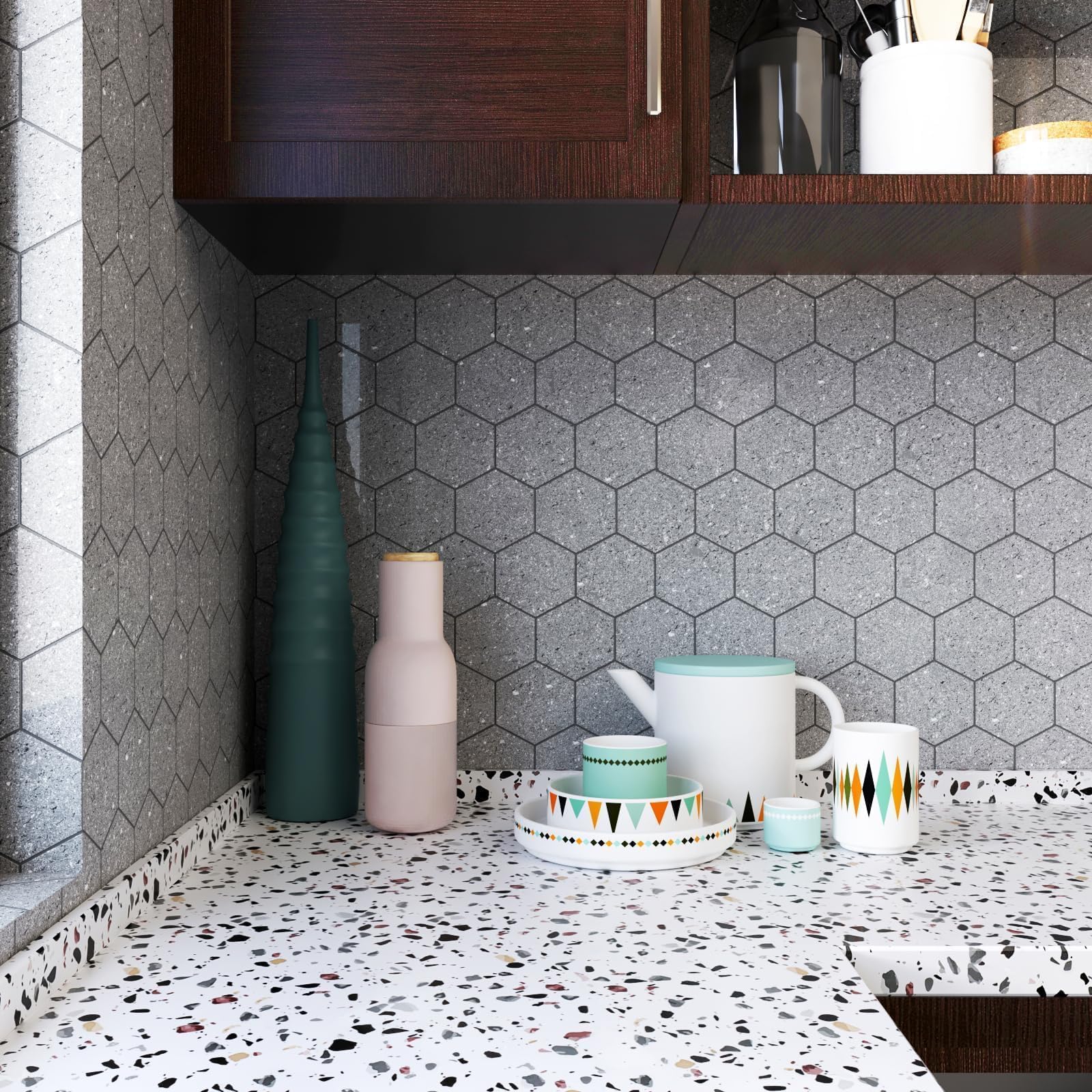 Decotalk Carta da Parati Effetto Terrazzo Bianco Moderna 90X300cm Pellicola Adesiva Per Mobili Bianco Decorazione Parete Rivestimento Adesivo Per Piano da Cucina Armadio Adesivo Vinile Impermeabile