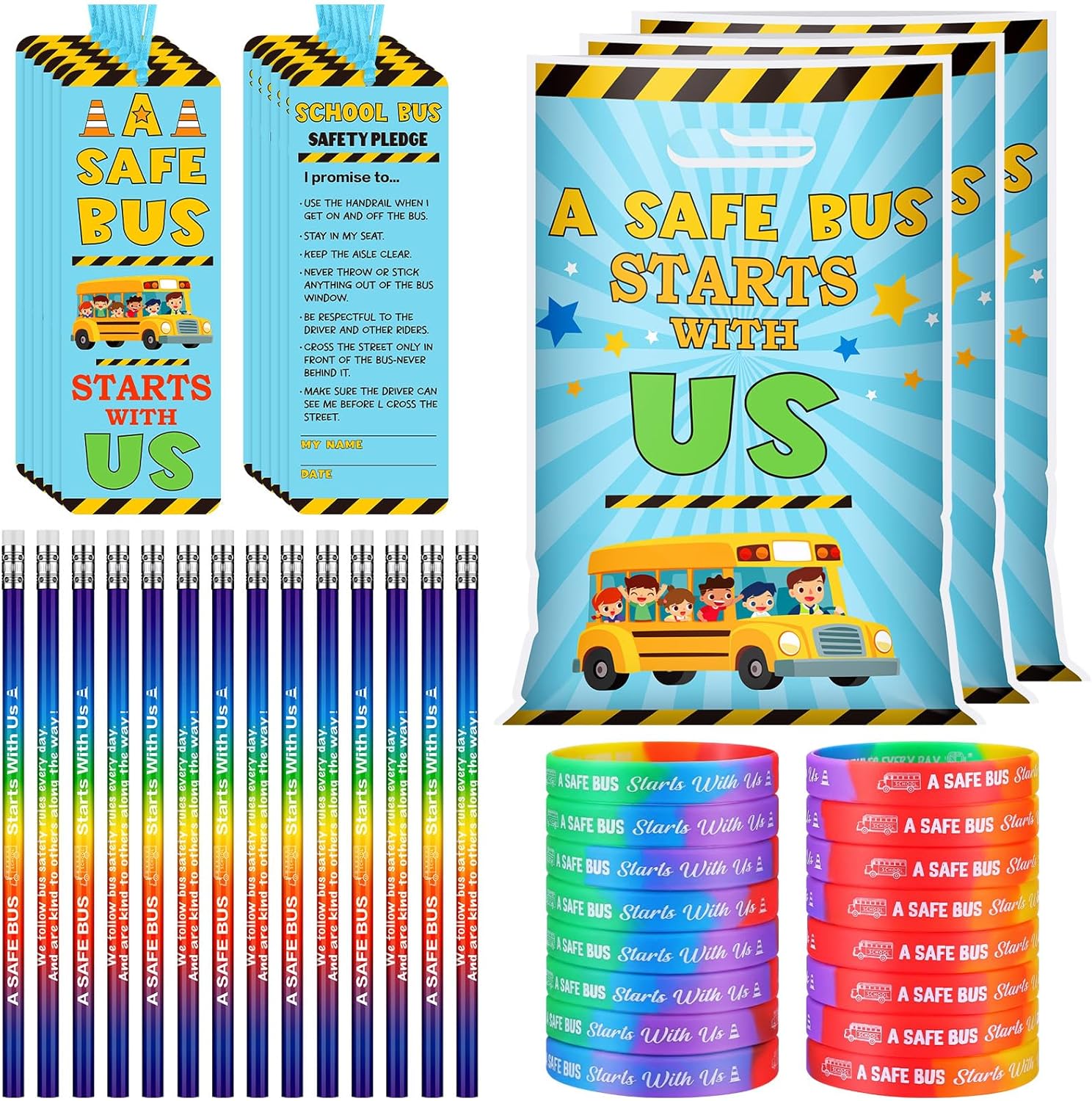 Resurhang 200 Pcs School Bus Safety Assorted Items Bulk 50 Sets a Safe Bus Starts with Us Plastic Goody Bags Safety First Bookmark Pencil Rubber Wristband Accessories for Office Classroom Party Favor