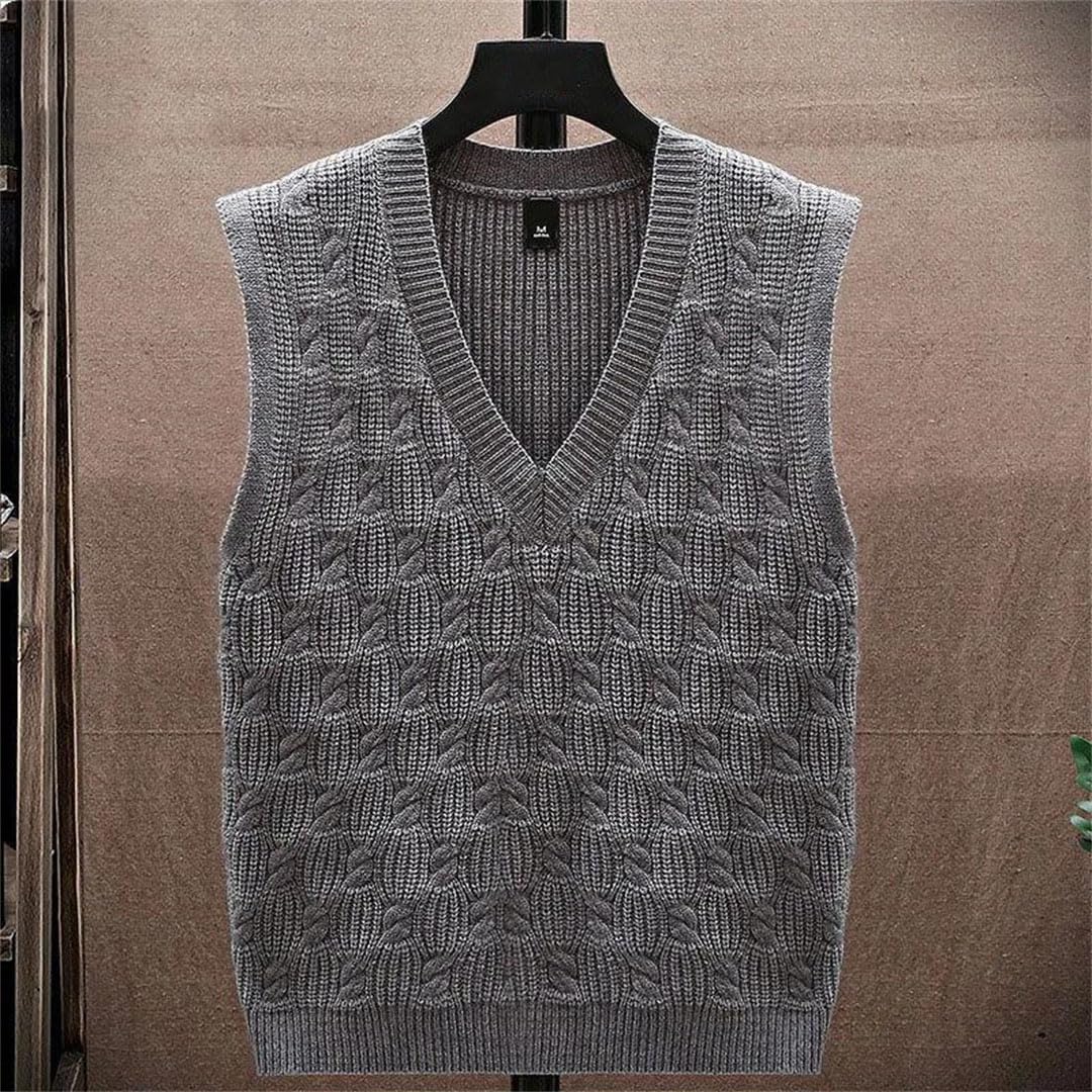 Men Middle Age Thicken V-Neck Sweater Vest Sleeveless Waistcoat Warm Knitted Loose Pullover Tops
