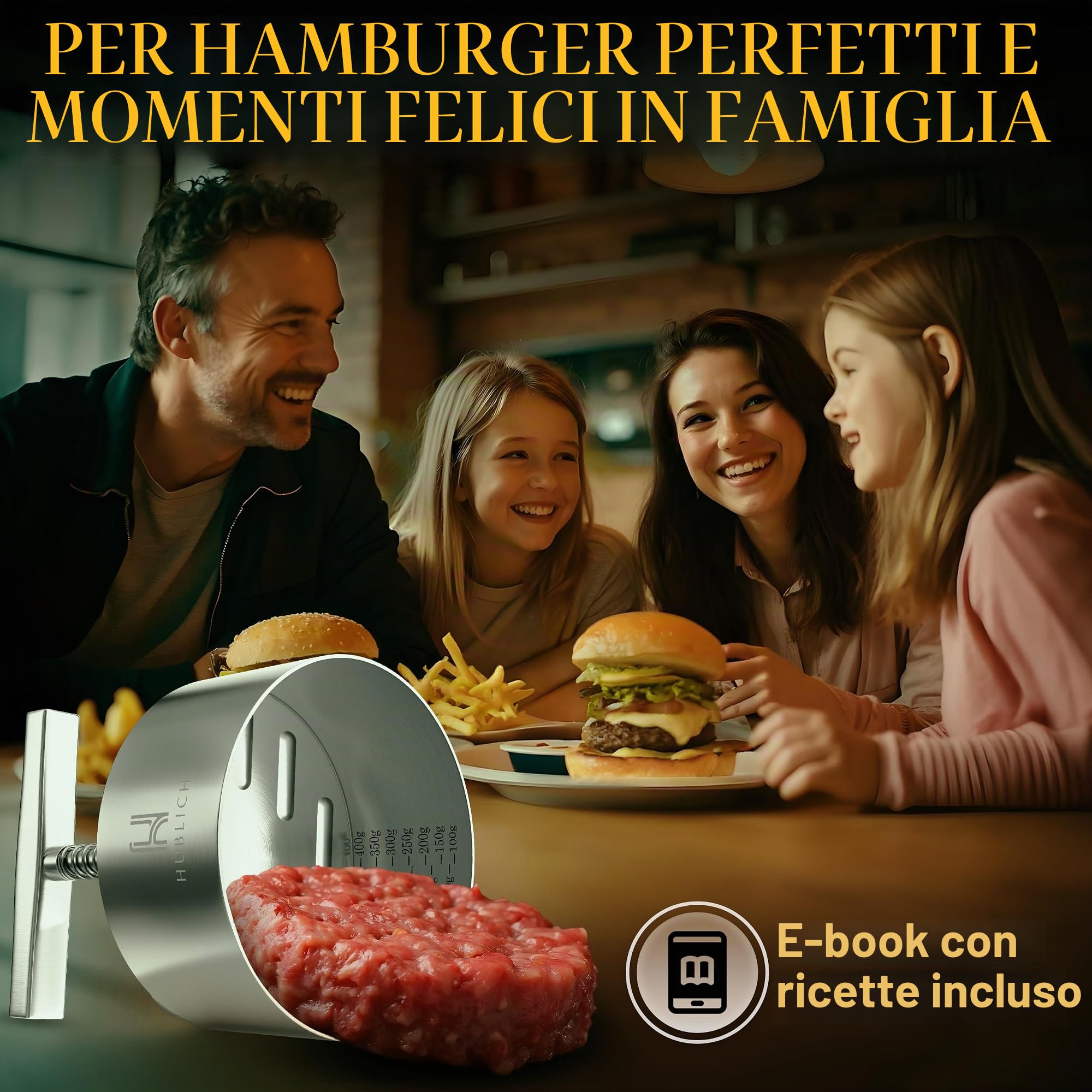 Pressa per hamburger di alta qualità in acciaio inox – pressa per hamburger – Accessorio ideale per barbecue perfetto per patties di carne macinata da 100 – 400 g – Patty Maker per succosi