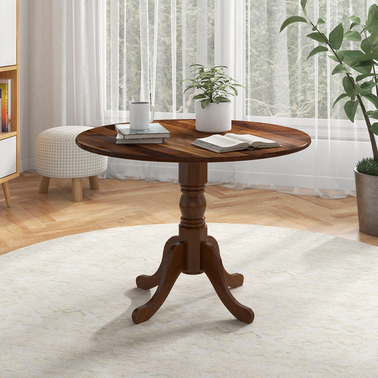 COSTWAY Table a Manger Bois Ronde 100 x 100 cm, Table de Cuisine 4 Personnes, Piédestal Design Vintage, pour Salon, Hotel, Appartement, Charge 100 kg (Noyer)