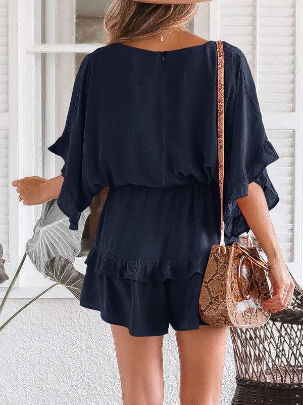 Valphsio Womens V Neck Beach Romper Ruffle Layered Drawstring Waisted Shorts Jumpsuit by Valphsio - Image 3