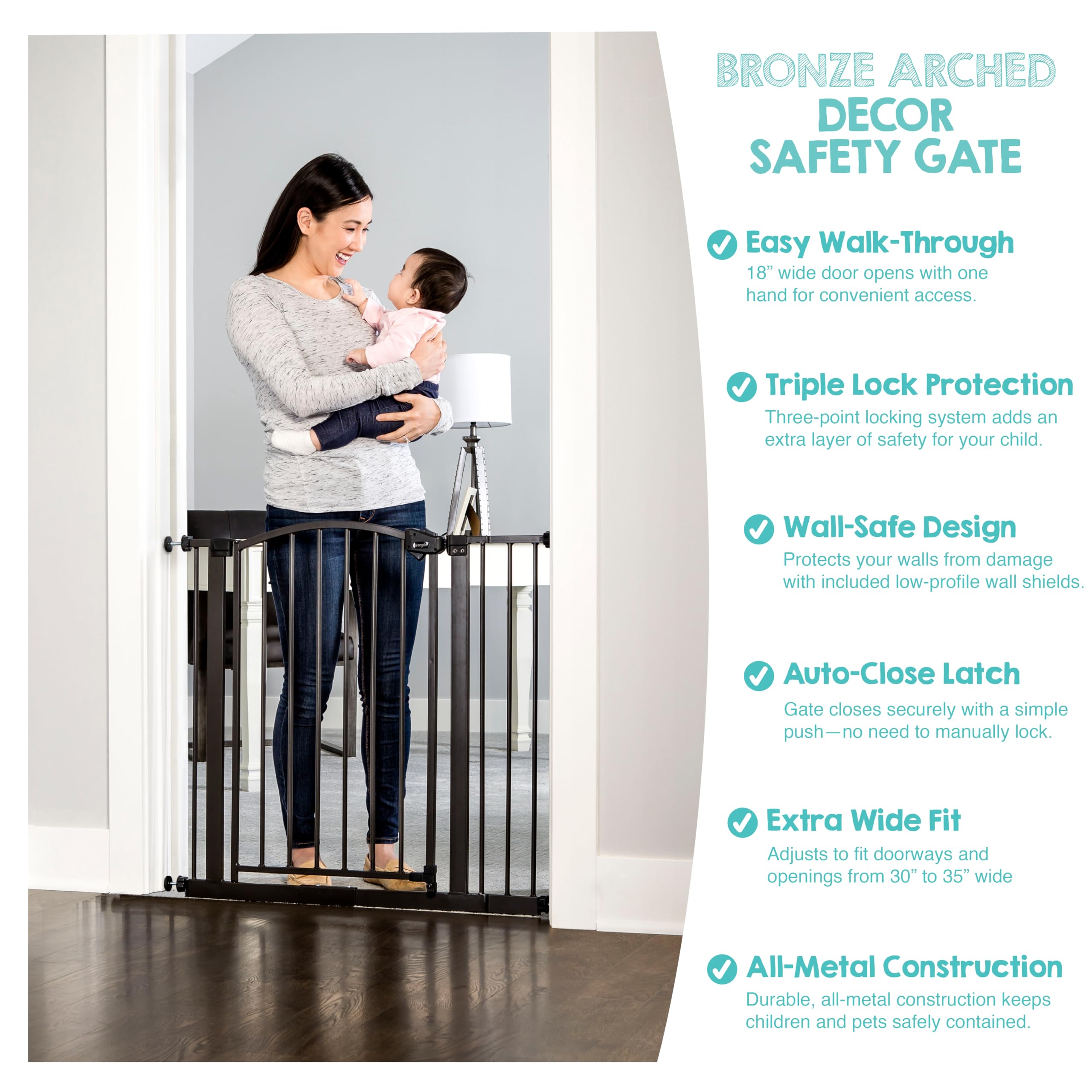 Regalo Safety Arched Baby Gate for Doorways & Bottom of Stairs, Fits Openings 75-87cm (Extension Included), Pressure Mounted for Babies, Toddlers & Pets, Bronze