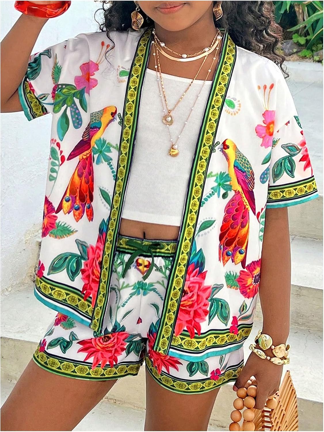 MakeMeChic Girl's Boho Vacation 2 Piece Set Open Front Kimono and Shorts Set