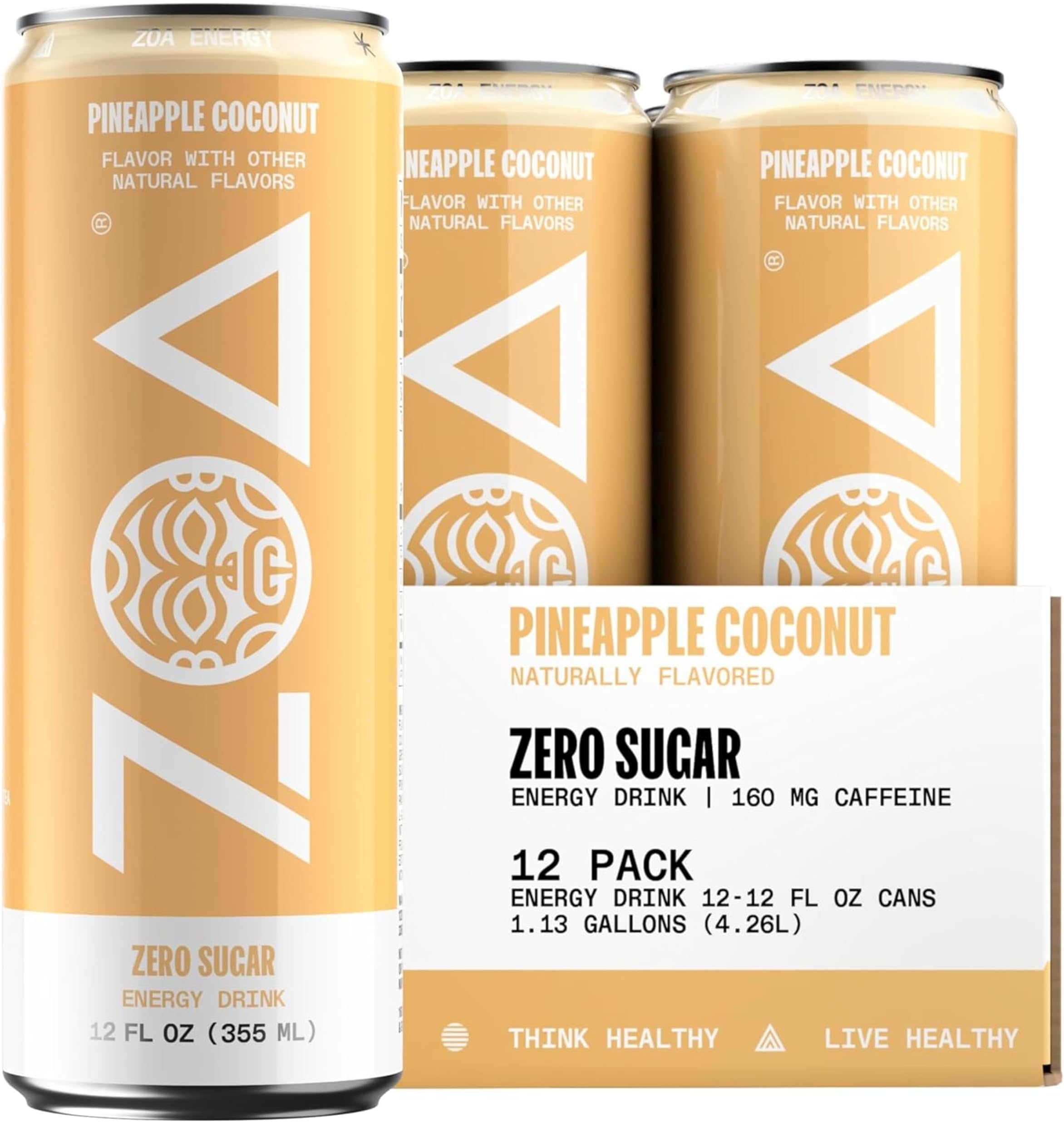 ZOA Zero Sugar Energy Drinks - Pineapple Coconut | Healthy Energy Formula with Natural Caffeine, Daily Vitamin C, Essential B-Vitamins | Gluten-Free, Keto Friendly | 12 Ounce Cans (Pack Of 12)