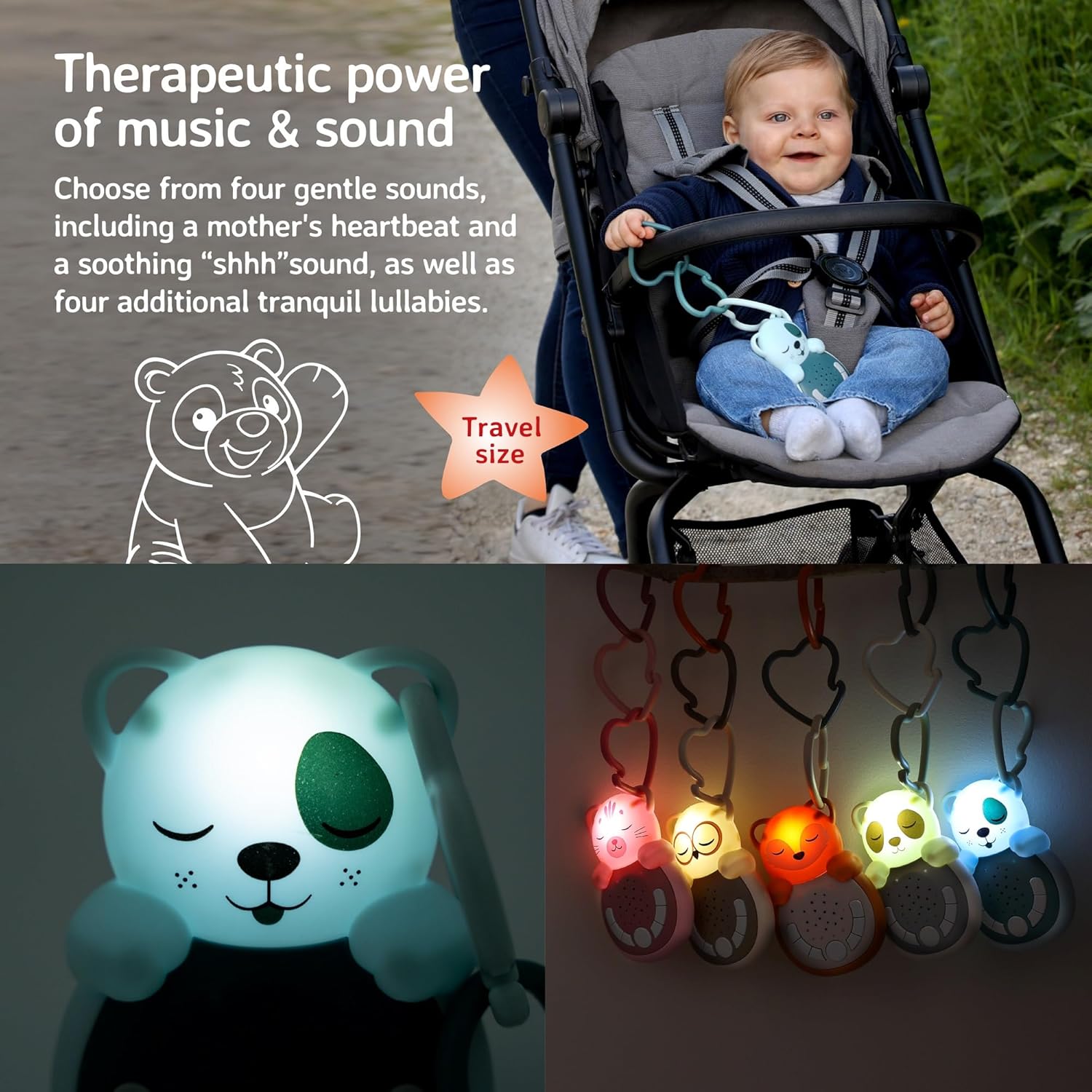 Cloud b Sweet Dreamz On The Go Dog Sound Machine attached to a car seat with a baby
