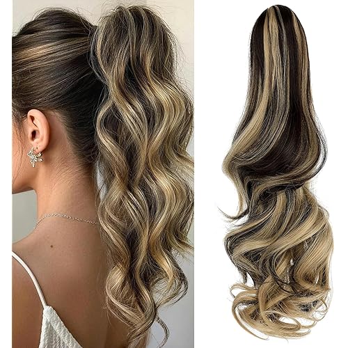 Felendy Ponytail Extension Claw 18" Ash Blonde Mix Dark Brown Curly Wavy Clip in Long Ponytail Hair Extensions Jaw Pony Tails Hairpiece for Women