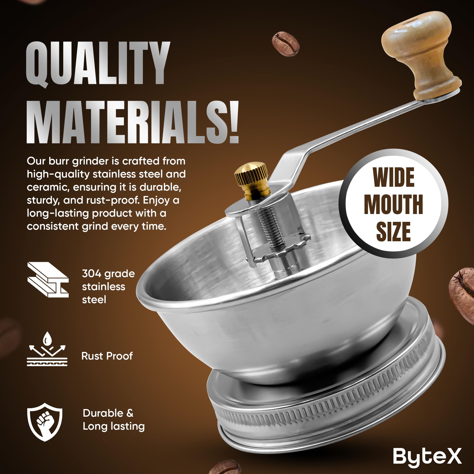 Stainless Steel Coffee Grinder Lid Attachment for Regular Mouth Mason Jars - Manual Crank Burr Grinder for Fresh Coffee, Ideal for Camping, Home Barista, Rust Proof Ceramic Mechanism (Wide) - 2