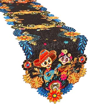 Embroidered Mexican Fiesta Cinco De Mayo Decorations Mexico Dia De Los Muertos Table Runner 14x69 Inch
