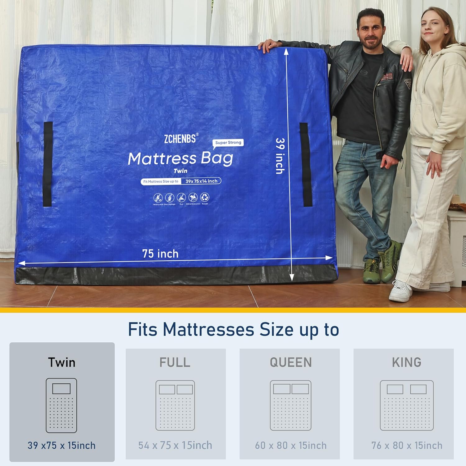 Mattress Bags for Moving, Twin Mattress Storage Bag with Handles and Zipper, Waterproof Heavy Duty Drag-Resistant Reusable Mattress Protector Cover for Moving, Blue, Twin