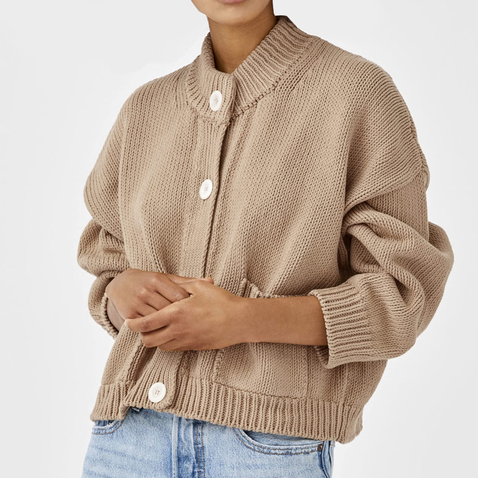 Generisch Cárdigan de mujer, invierno manga larga cuello alto abrigo de punto suéter corto chaqueta con bolsillo