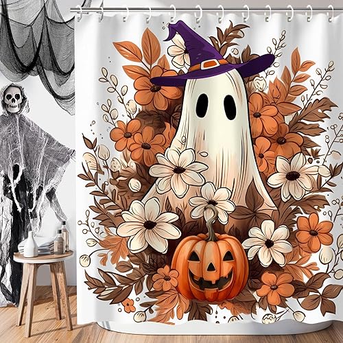 Bonita cortina de ducha de Halloween, cortina de ducha espeluznante de fantasma con 12 ganchos, divertidas cortinas de ducha de Halloween para