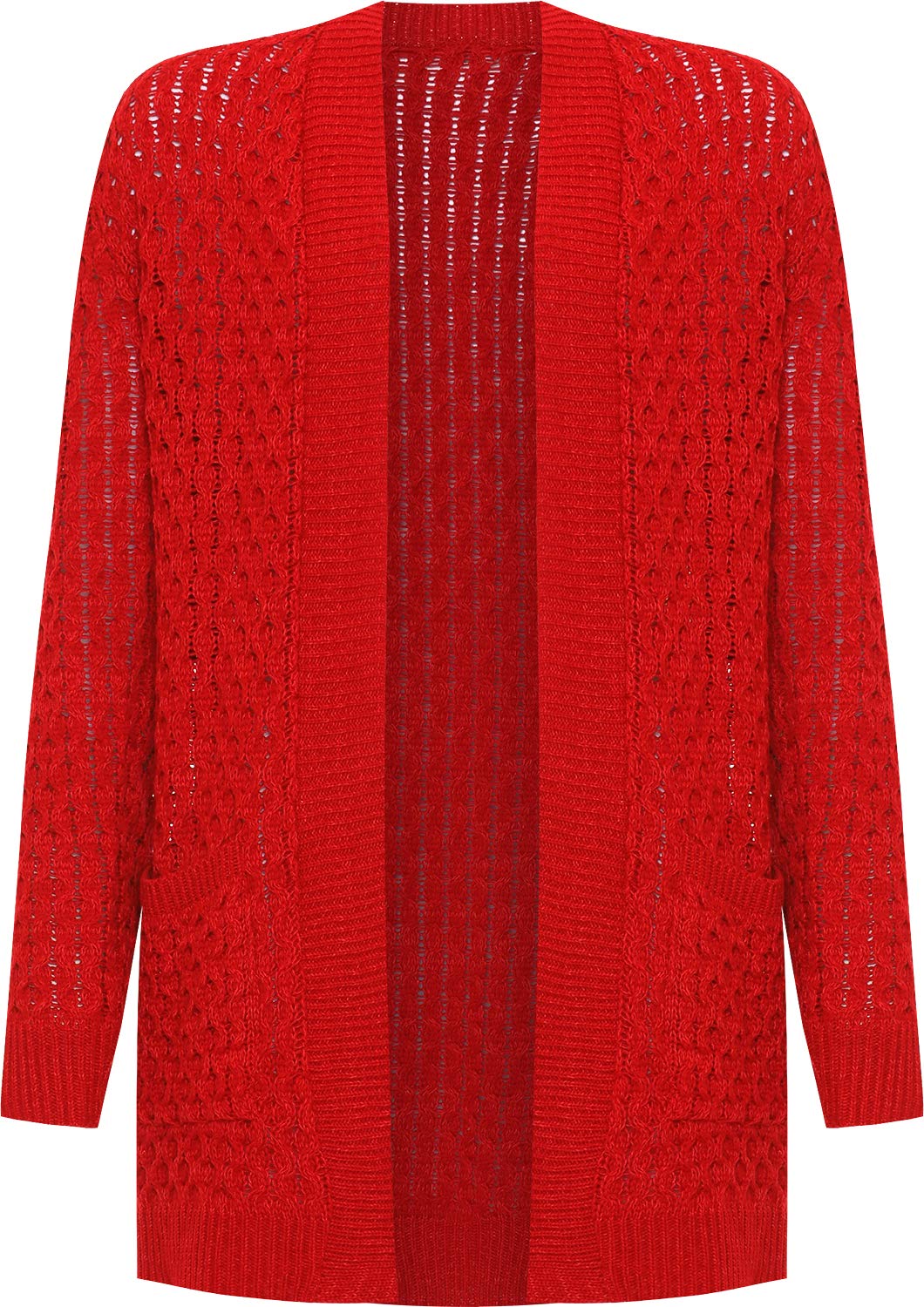 WearAll Women's Plus Cable Knitted Open Pocket Cardigan Chunky Long Sleeve Grandad - Red - 20-22