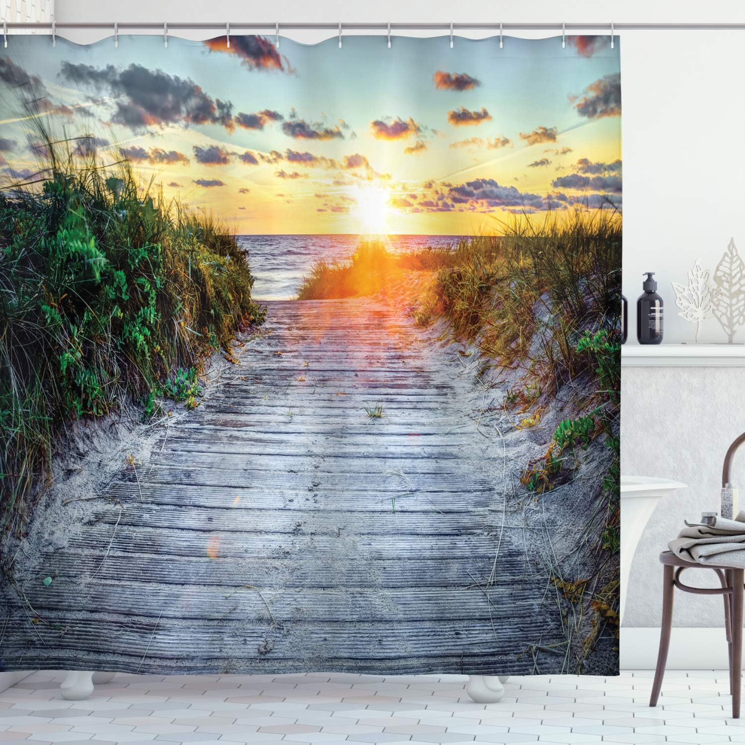 Ambesonne Beach Shower Curtain, Sunrise at The Seacoast Board Footpath Seascape Peaceful Morning View Scenery Grass, Cloth Fabric Bathroom Decor Set with Hooks, 69" W x 75" L, Multicolor
