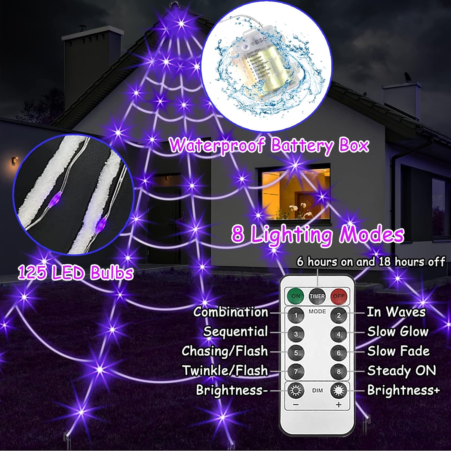 Spider Web Halloween Decorations Outdoor Lights, 125 Purple LED Light Up 16.4Ft Giant Spiderweb & 60" Large Spider & 22 Small Spiders & 20g Stretch Cobweb, 8 Modes Lighted Decor for Yard Outside