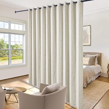 Frelement Grommet Top Space Room Divider Curtains Privacy Partition Separator Full Blackout Linen Drapes for Patio Door Extra Wide Curtain for Meeting Room 1 Panel, 120" Wx96L, Ivory White