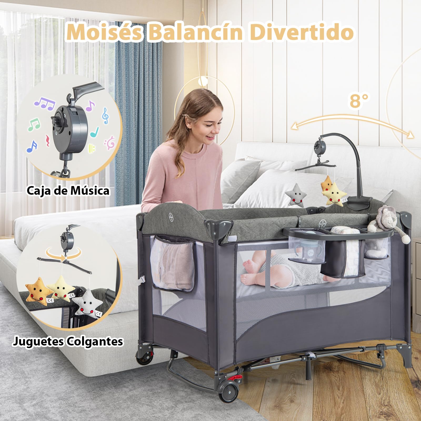 RELAX4LIFE 5 en 1 Cuna Bebé con 5 Alturas Ajustables, Cambiador, Colchón, Caja Música, Juguetes Colgantes y Bolsa de Transporte, Cuna de Viaje con 2 Ruedas Bloqueables para Bebés 0-3 Años (Gris Claro)