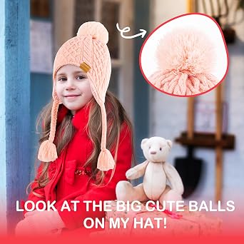 Kids Winter Beanie Hat with Pom Pom, Winter Fleece Lining Skiing Caps with Warm Ear Flap 4-10 Years