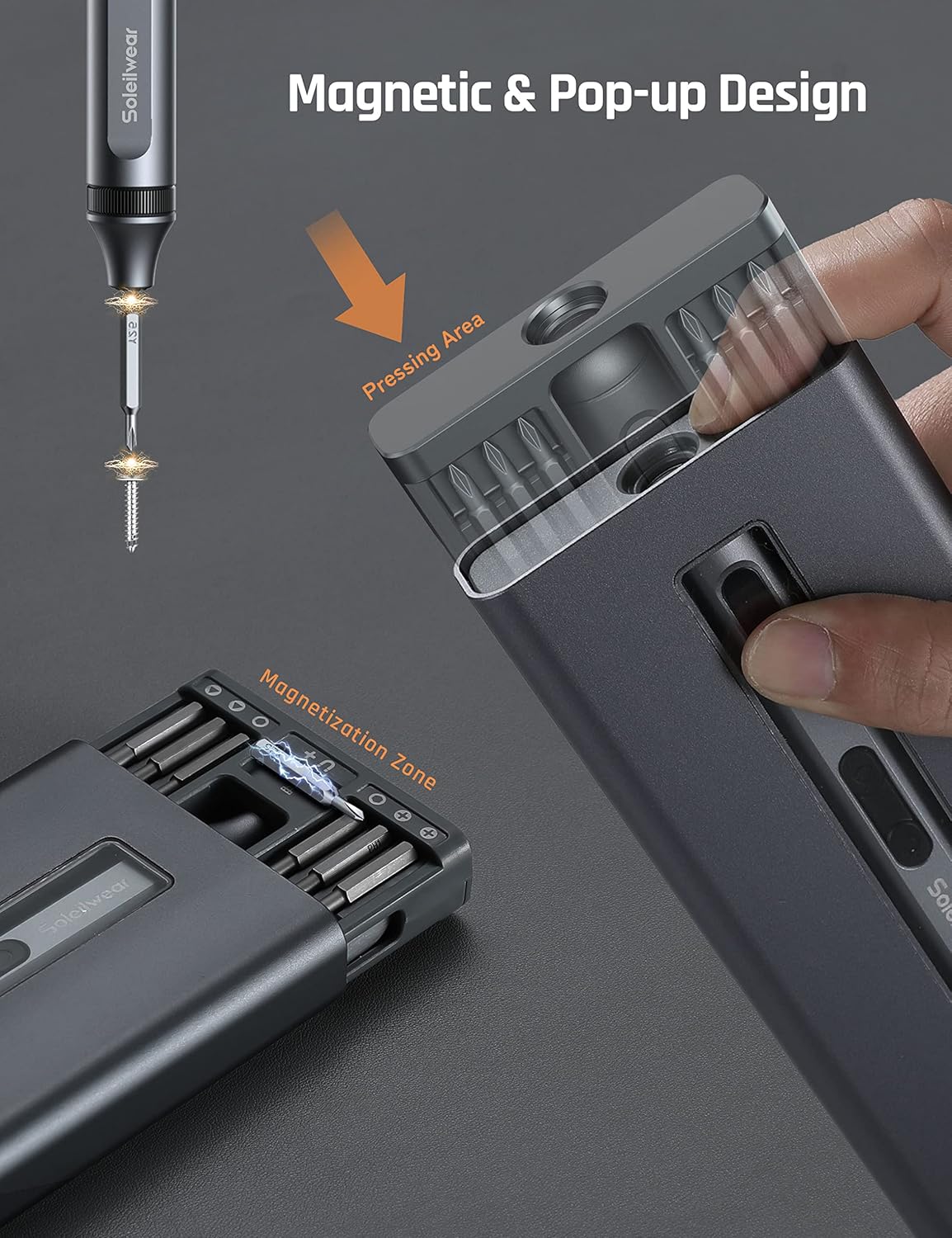 Hands demonstrating the pop-up design of the Soleilwear screwdriver kit case, revealing the screwdriver and magnetic bit trays.