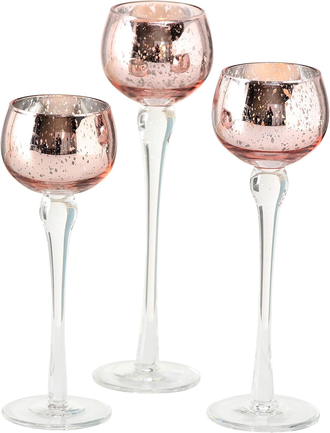 WHW Whole House Worlds Baby Peach Long Stem Candle Holders, Set of 3, Silver Lined Cups, Clear Riser, Hand Lacquered Glass, 8 3/4, 7 3/4, and 7 Inches Tall : Home & Kitchen