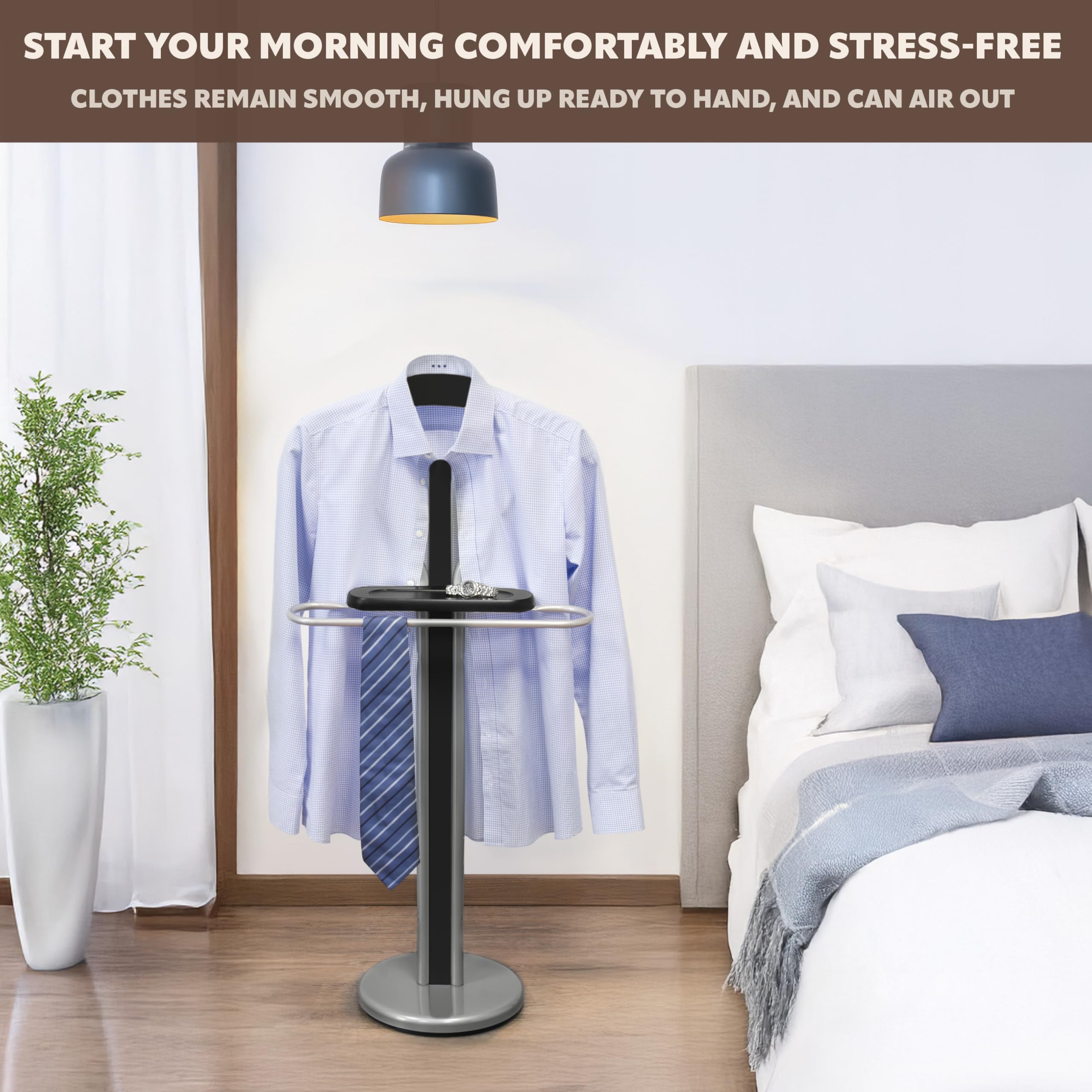 Bremermann Valet De Nuit Presse-Pantalon – Valet Discret Chromé Blanc, Porte-Vêtements Avec Étagère Et Cintre Anti-Pli, Idéal Chambre Et Dressing