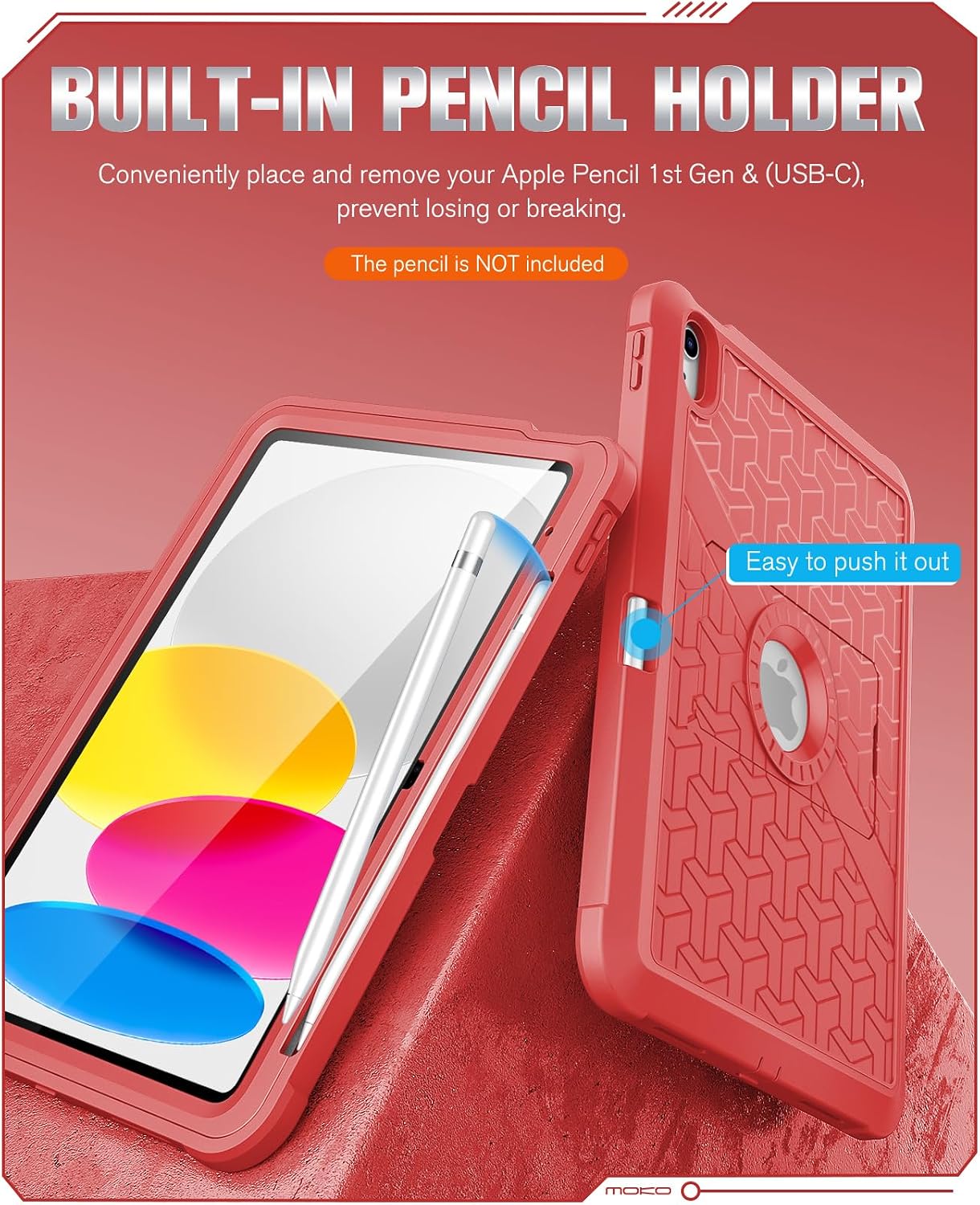 MoKo for iPad (A16) 11th/10th Generation Case 2025/2022, Heavy Duty Shockproof Dual Layer Full Body Protective Cover, Built-in Screen Protector and Kickstand for iPad 11/10.9 Inch, Bright Red