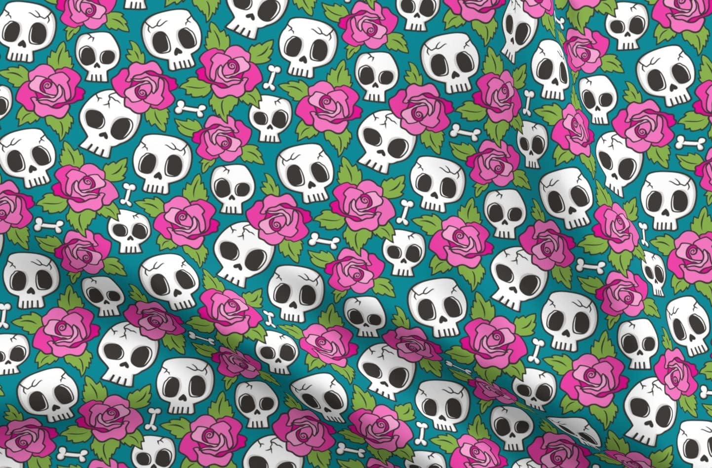Spoonflower Fabric - Skulls Roses Pink Teal Halloween Fall Autumn Winter Punk Skull Floral Printed on Polartec(R) Fleece Fabric by The Yard - Sewing Blankets Loungewear and No-Sew
