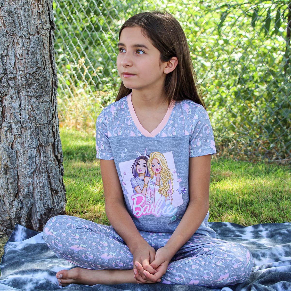 Barbie Girls' Unicorn Barbie Skipper Shirt And Pants Jogger Pajama Set (4/5) Grey
