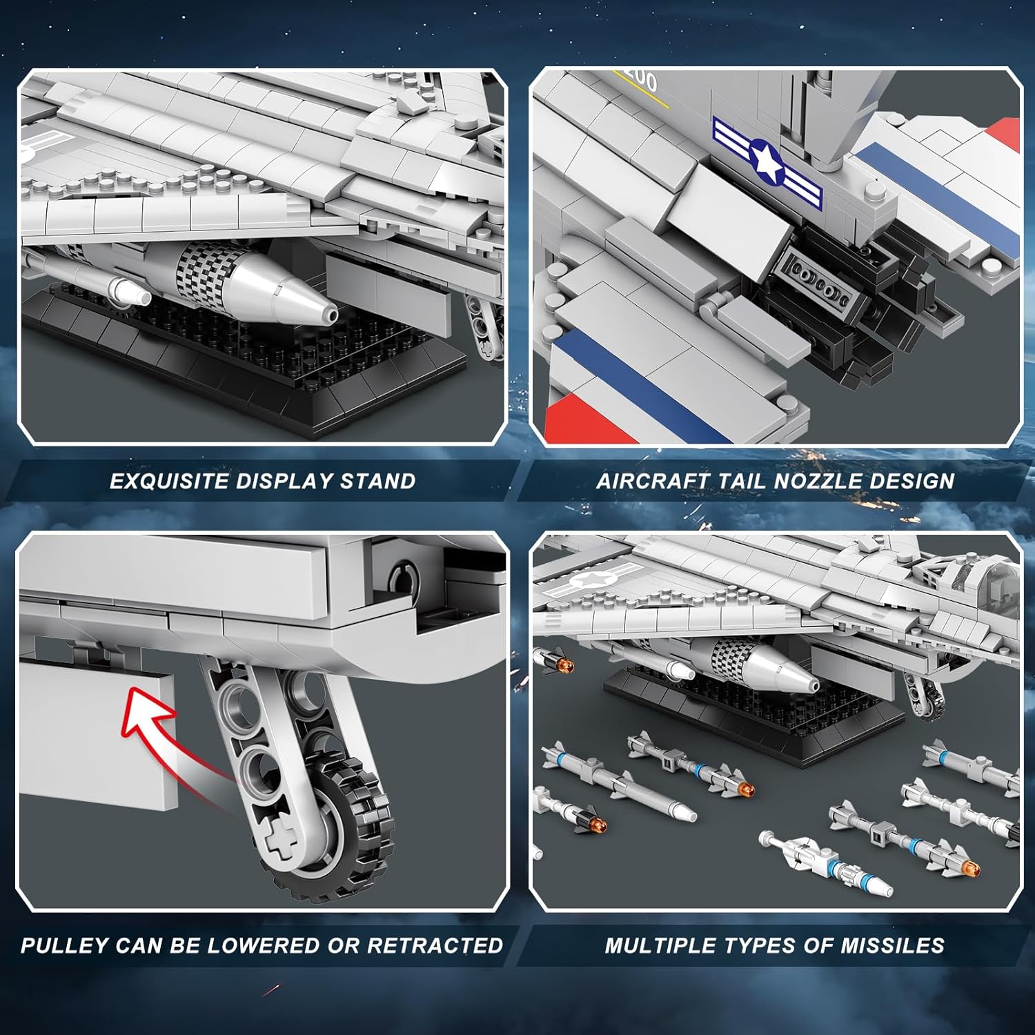 Detailed features of the Reobrix F-16 model including display stand, tail nozzle, retractable landing gear, and multiple missiles