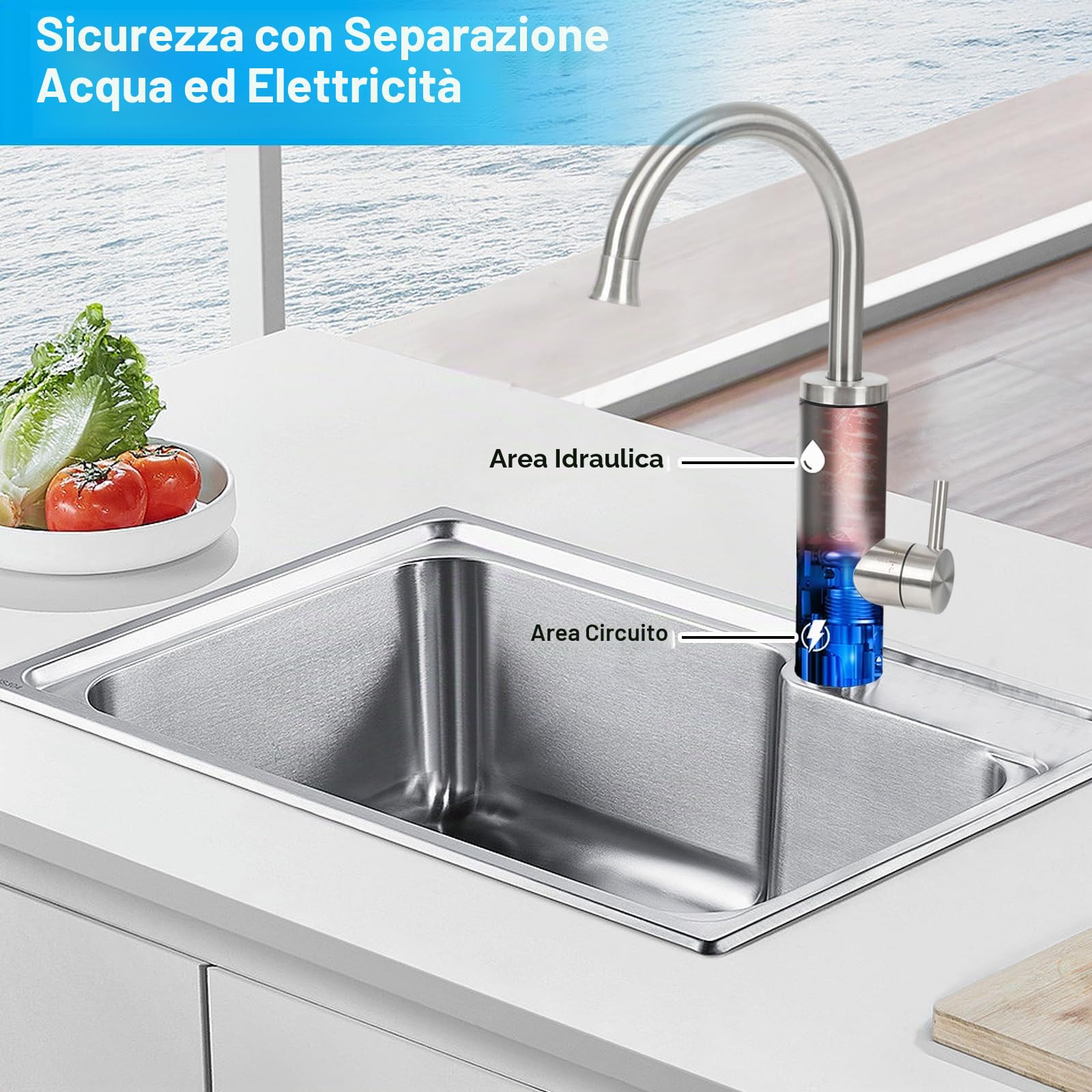 Rubinetto elettrico con scaldabagno istantaneo,CEIEVER rubinetto di riscaldamento elettrico temperatura regolabile 30-55℃ Raccordi elettrici 230V rubinetto elettrico in acciaio inox per cucina