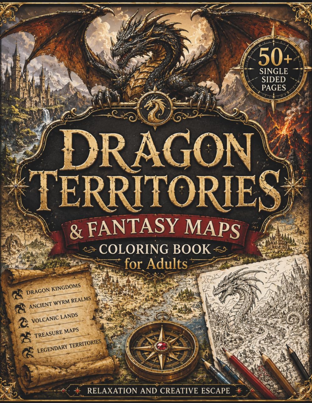 Dragon Territories & Fantasy Maps Coloring Book for Adults: 50+ Dragon Kingdoms, Ancient Wyrm Territories, Legendary Treasure Maps, Volcanic Realms, ... Escape (The Fantasy Cartography Collection)