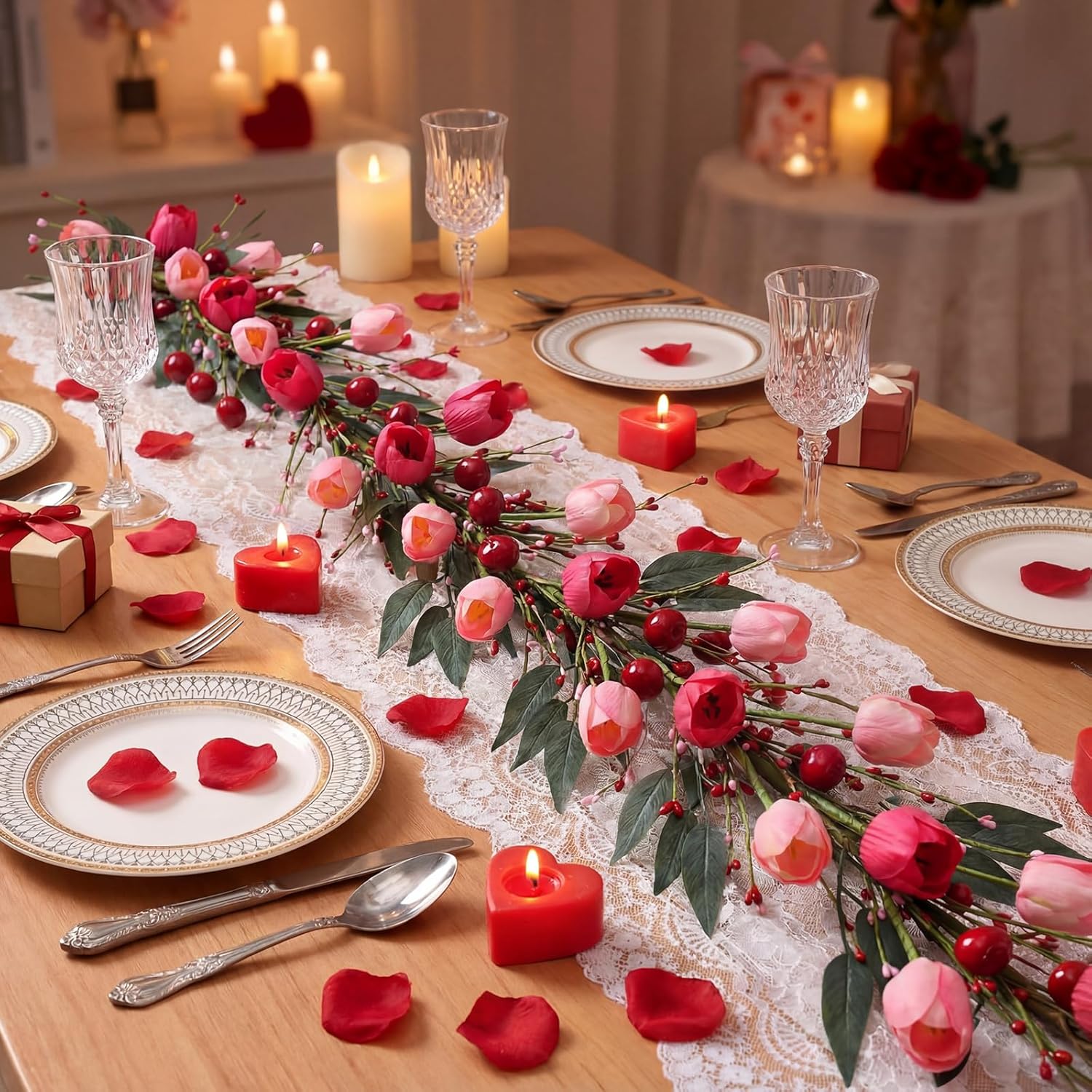 6 Ff Valentine's Day Garland Romantic Artificial Spring Garlands with Rose Tulips Flowers Heart Berries Farmhouse Floral Garlands for Mantle Table Stairs Indoor Outside Wedding Party