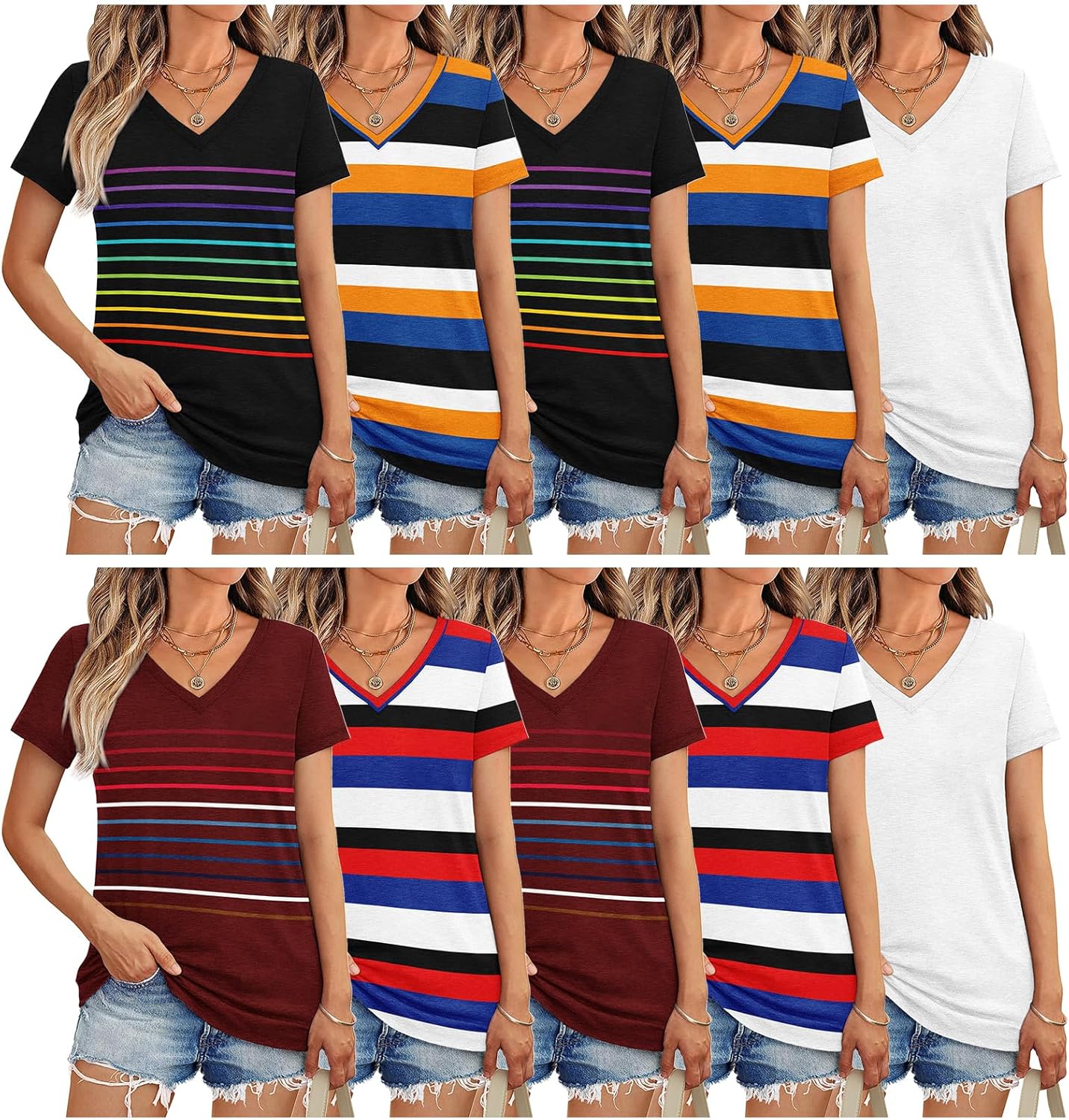 10 Pack Women’s Short Sleeve V-Neck T-Shirts Casual Loose Trendy Summer Soft Dry Fit Breathable Workout Tops