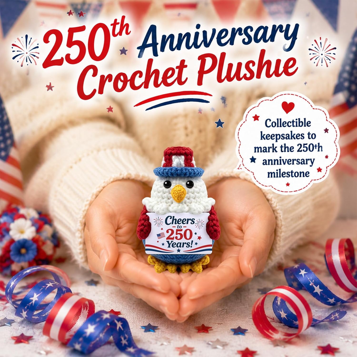 4th of July Gifts Independence Day USA Gifts Handmade Crochet Bald Eagle for Veterans & Familiesm, 250th Anniversary 1776-2026 America Office Decor