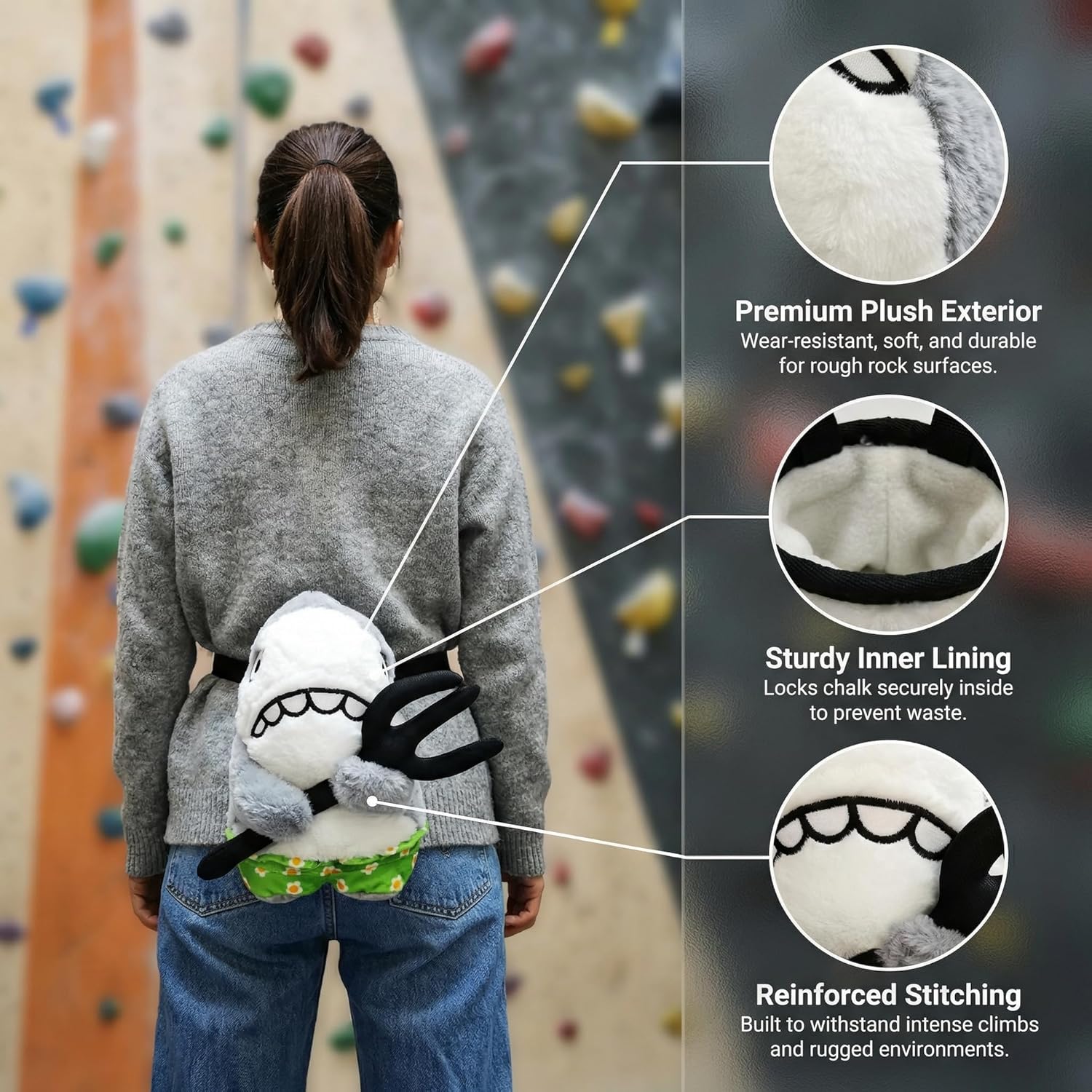 Shark Rock Climbing Chalk Bag, Fun Plush Animal Chalk Pouch with Drawstring, Adjustable Waist Belt for Indoor Outdoor Bouldering Sport Climbing