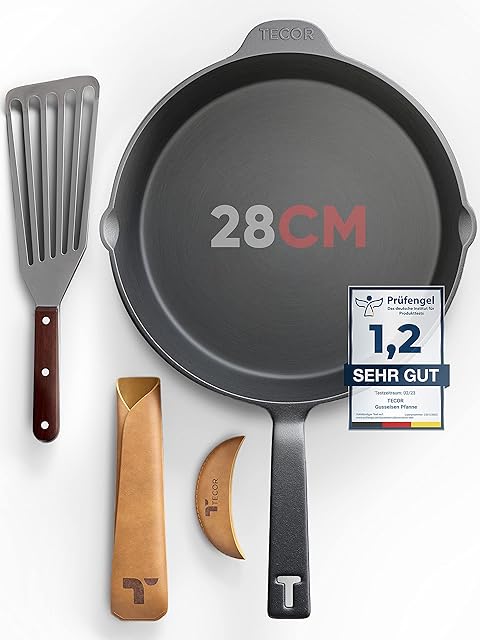 TECOR® Żeliwna patelnia indukcyjna 28 cm wraz z akcesoriami  szlifowana powierzchnia I patelnia indukcyjna, patelnia żeliwna, patelnia żeliwna, grill, patelnia żeliwna, patelnia żeliwna