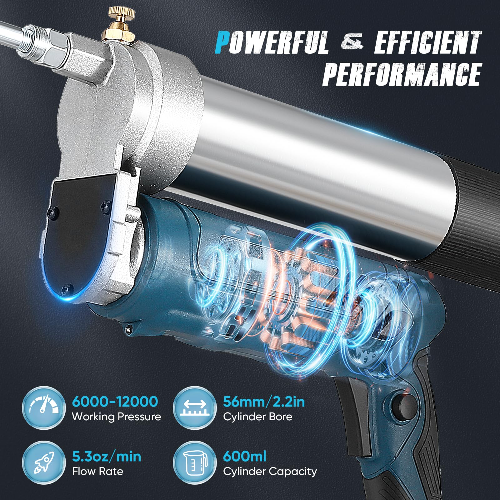 Pistola de grasa eléctrica, 12000 PSI de alta presión, 21 V inalámbrica con 2 x 4,0 Ah baterías y cargador, capacidad 600 ml, luz LED, flexible para lubricación de coche, camión, granja