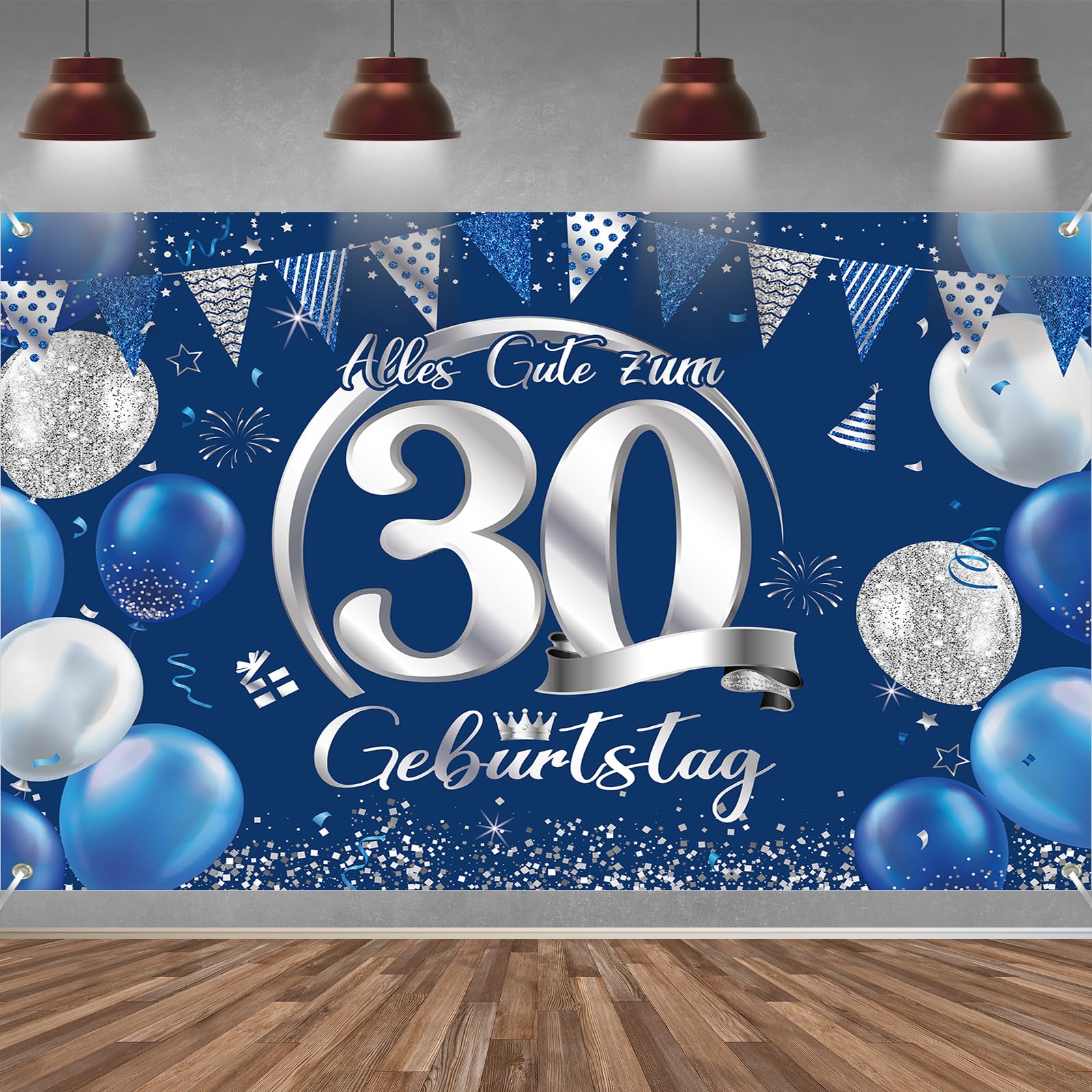 30. Geburtstag Banner Frauen Männer Deko Blau Silber 30 Geburtstag Hintergrund Banner, Extra Große Stoff Schild Poster für 30. Geburtstagsparty Deko, 210x150 cm