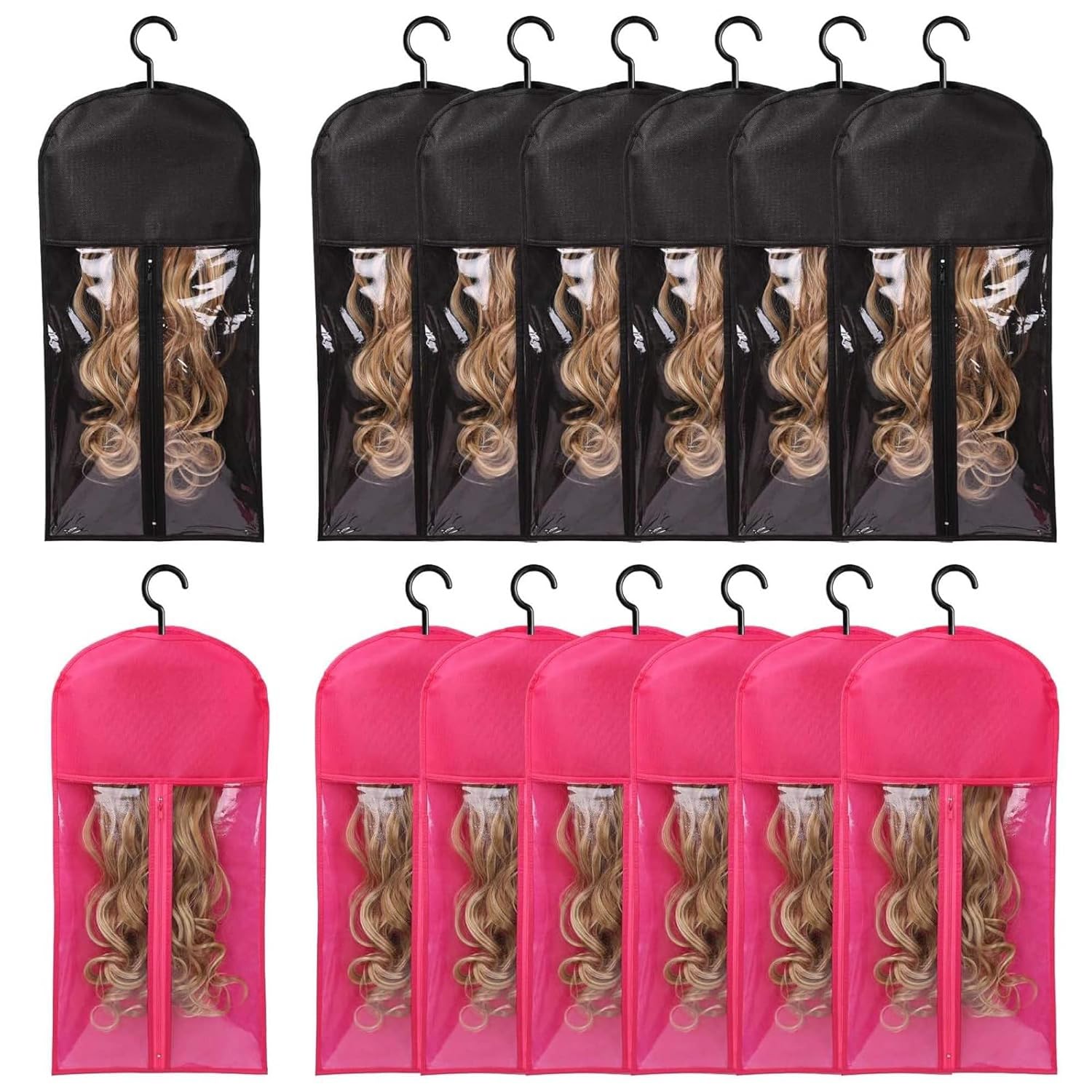 Wig Hangers Set - Premium Dust-Proof Wig Storage Bags with Hooks for Hair Extensions, Wig Organizer for Wig Bags Storage with Hanger,Space-Saving Wig Storage Solution(6PCS Black & 6PCS Hot Pink)