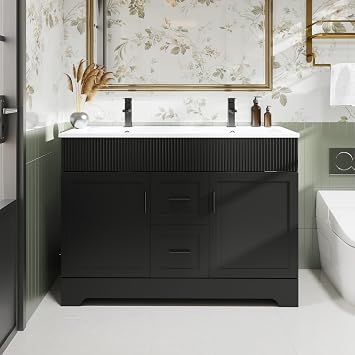 eclife 48" Bathroom Vanities Sink Combo with Painted Surface, Modern Drawered Cabinet W/Decorative Wave Lines, Undermount Double White Sink, Matte Black Faucet Drain, Black