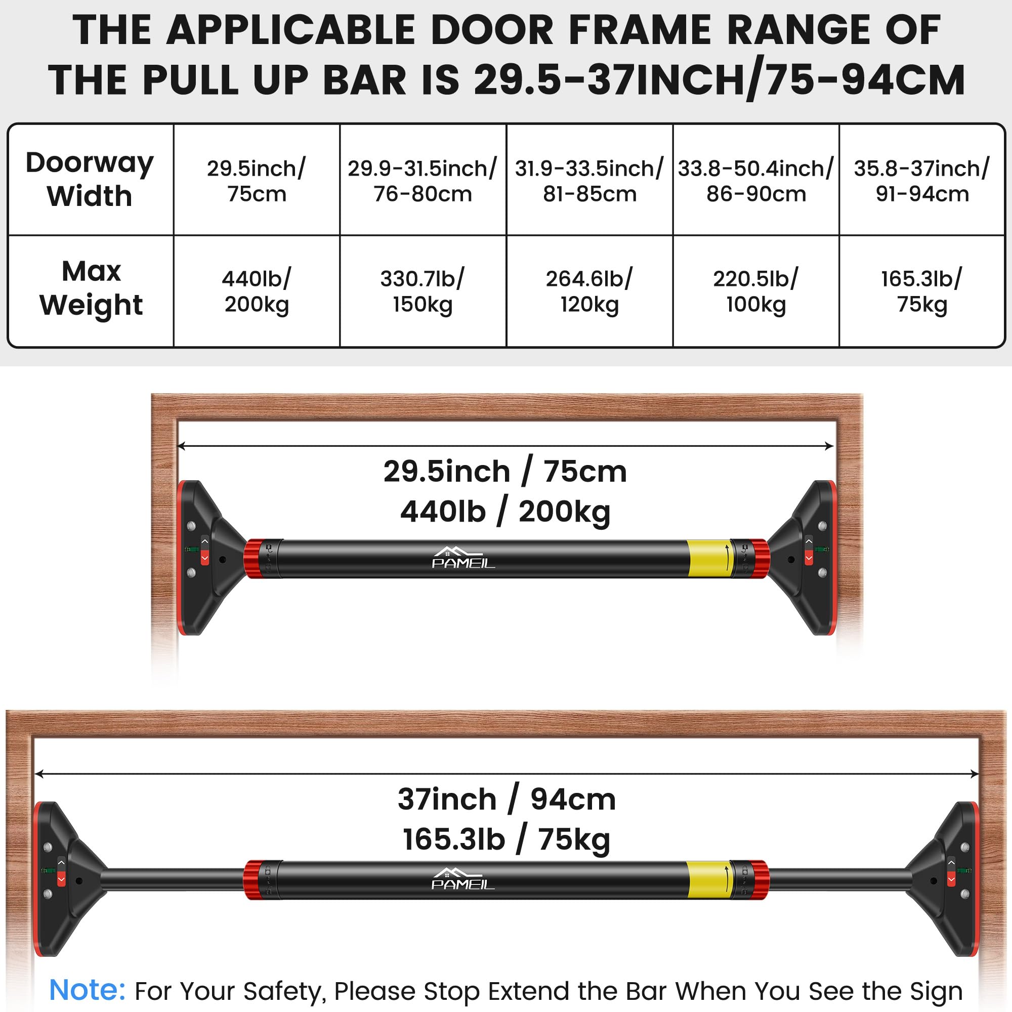 Barra per trazioni, telaio della porta, Pull Up Bar, portata fino a 200 kg, senza viti, 75-94 cm, allungabile