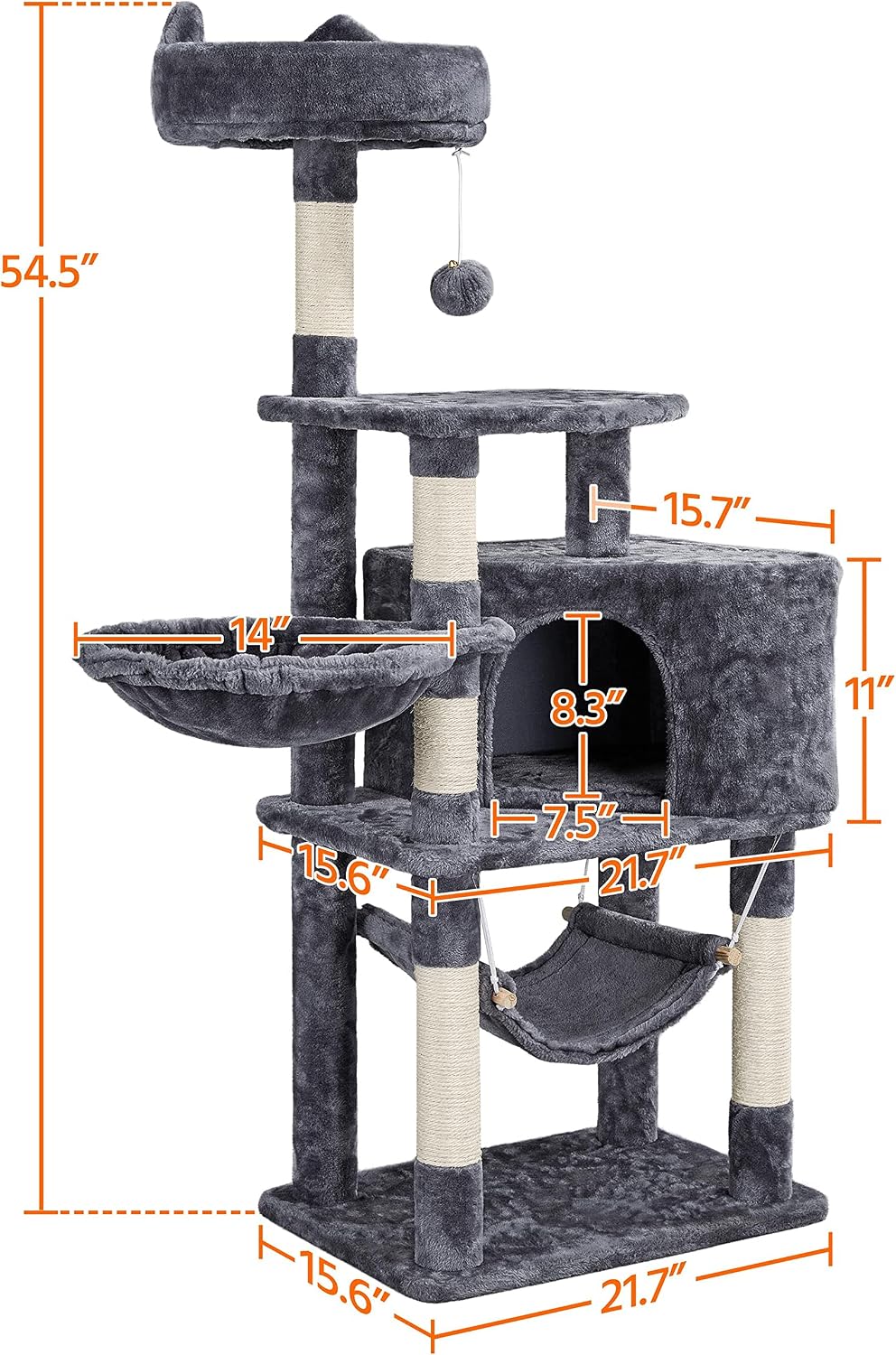 Yaheetech Multi-Level Cat Tree Condo 54.5in, with Large Perch, 2.8in Sisal Scratching Posts, Hammock, Basket, Fuzzy Ball, Stable Cat Tower Play Center Cat House Furniture