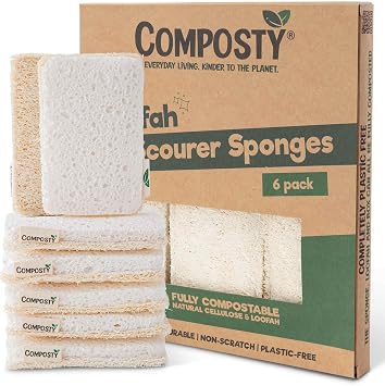 Composty Loofah Eco Scourer Sponges, 6 Pack | Compostable Sponge/Natural Sponges for Dishes & Washing Up | 100% Natural & Plastic-Free | Long-Lasting | One Tree Planted for Each Pack Sold