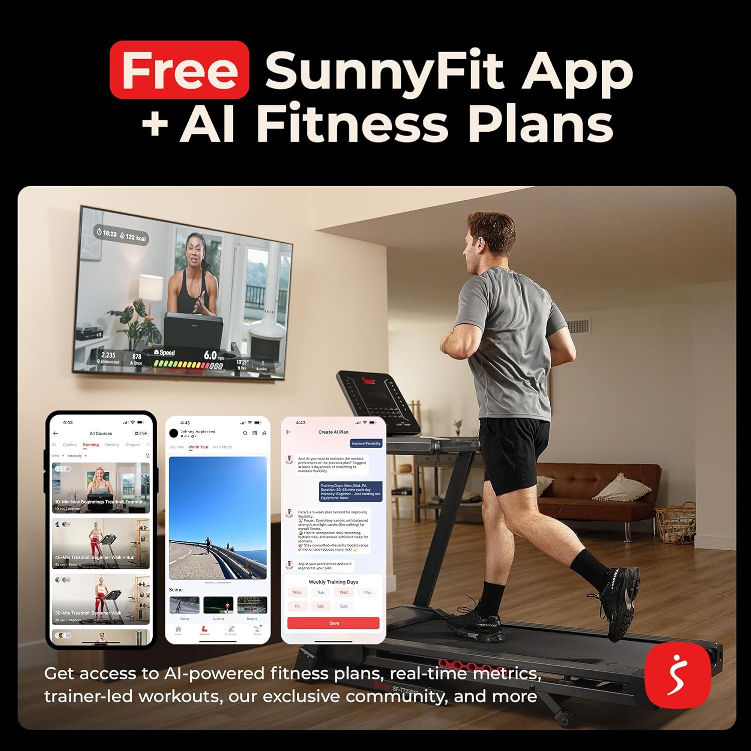 Sunny Health & Fitness Smart Heavy-Duty Auto Incline Treadmill with 20" Running Deck and Free SunnyFit App Connection