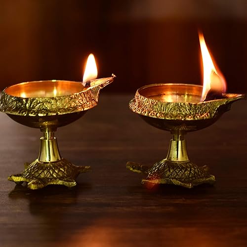 Miniatura 4 de Hashcart Diya Kuber Tortuga Diya de latón para decoración Diwali Lámpara de aceite para Puja 2 piezas Diwali Diyas Deepam - Regalos indios Diwali