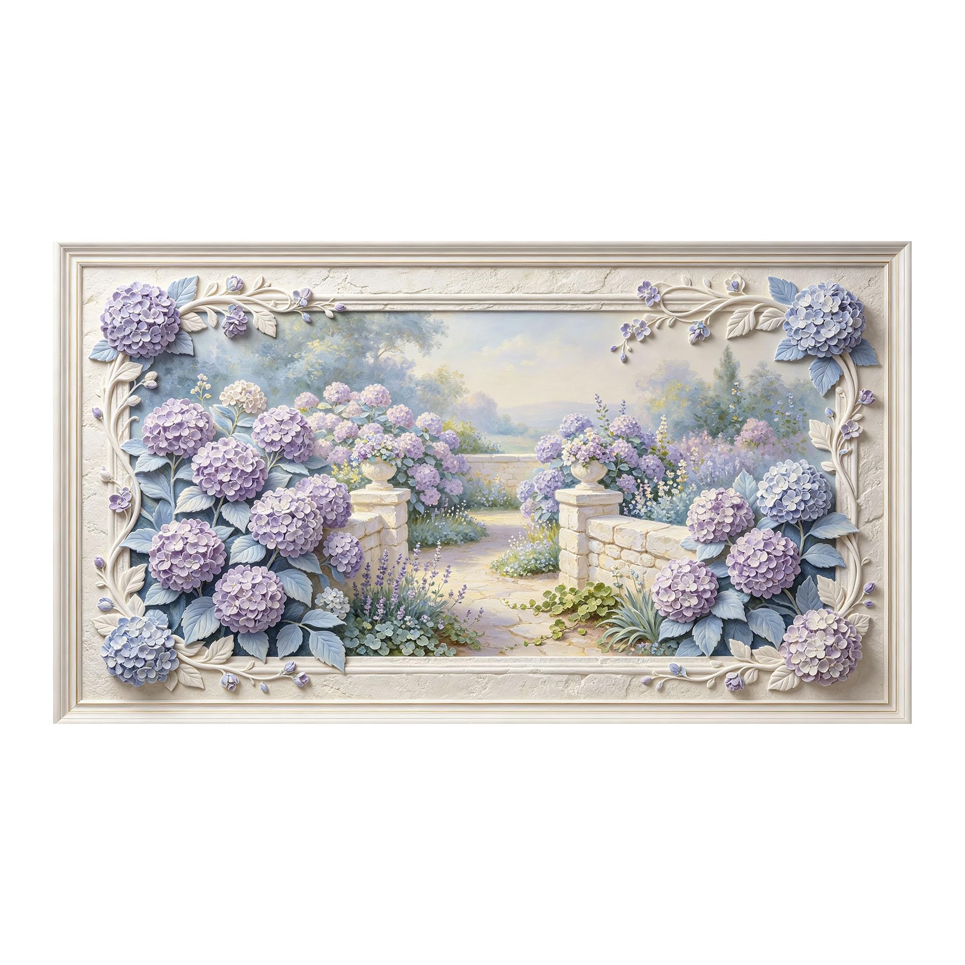 Murasolite 3D Framed Wall Art Provence Garden Hydrangea Floral Landscape Oil Painting SelfAdhesive Fabric Mural Wall Decor,No Damage to Wall,AntiFall Safe Design for Bedroom Living Room