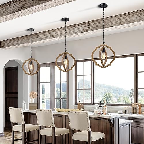 Miniatura 5 de Paquete de 2 lámparas colgantes de granja, luces colgantes de grano de madera para isla de cocina, altura ajustable, base E26, compatible con techo